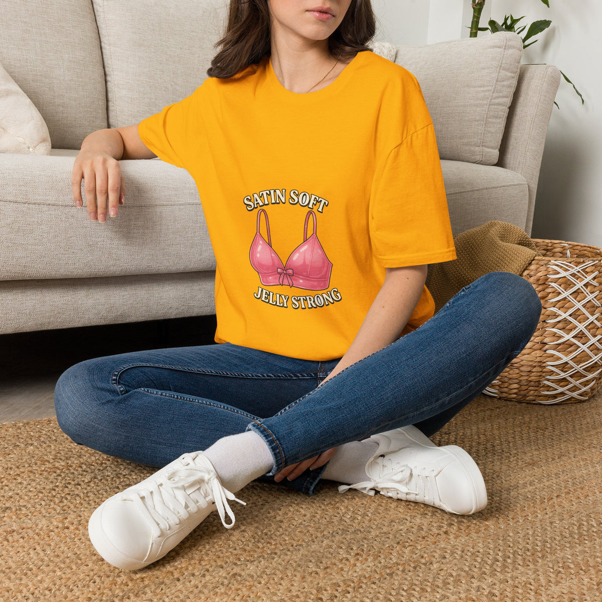 Graphic Tee — "Satin Soft Jelly Strong" Pink Bra Illustration- Trending Now - October 2026