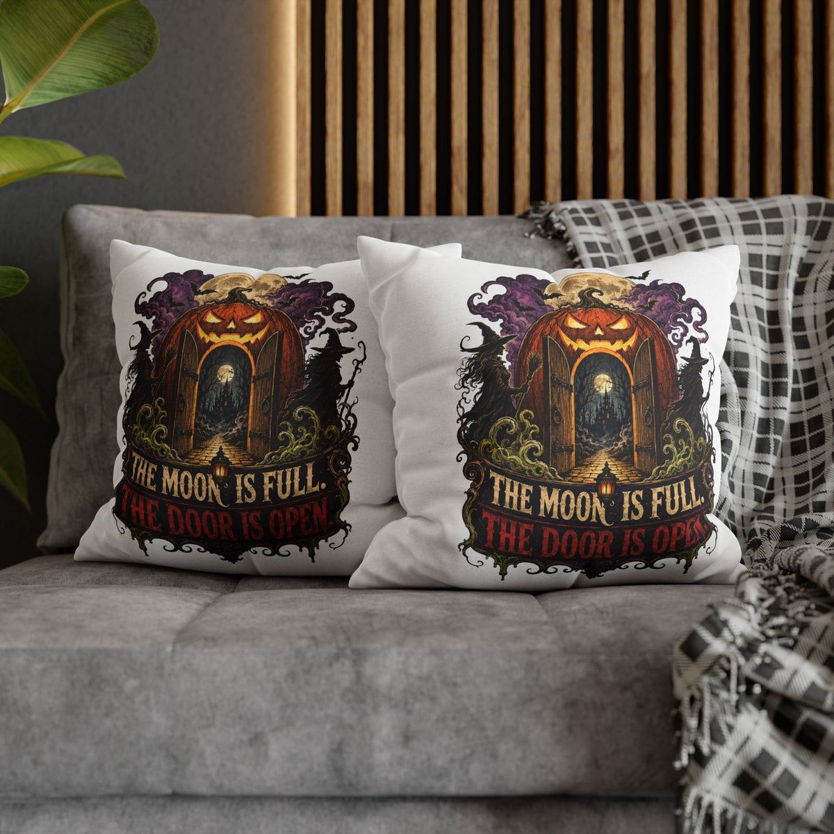 Halloween Pumpkin Door Pillowcase - "The Moon Is Full, The Door Is Open" Spun Polyester Throw Pillow