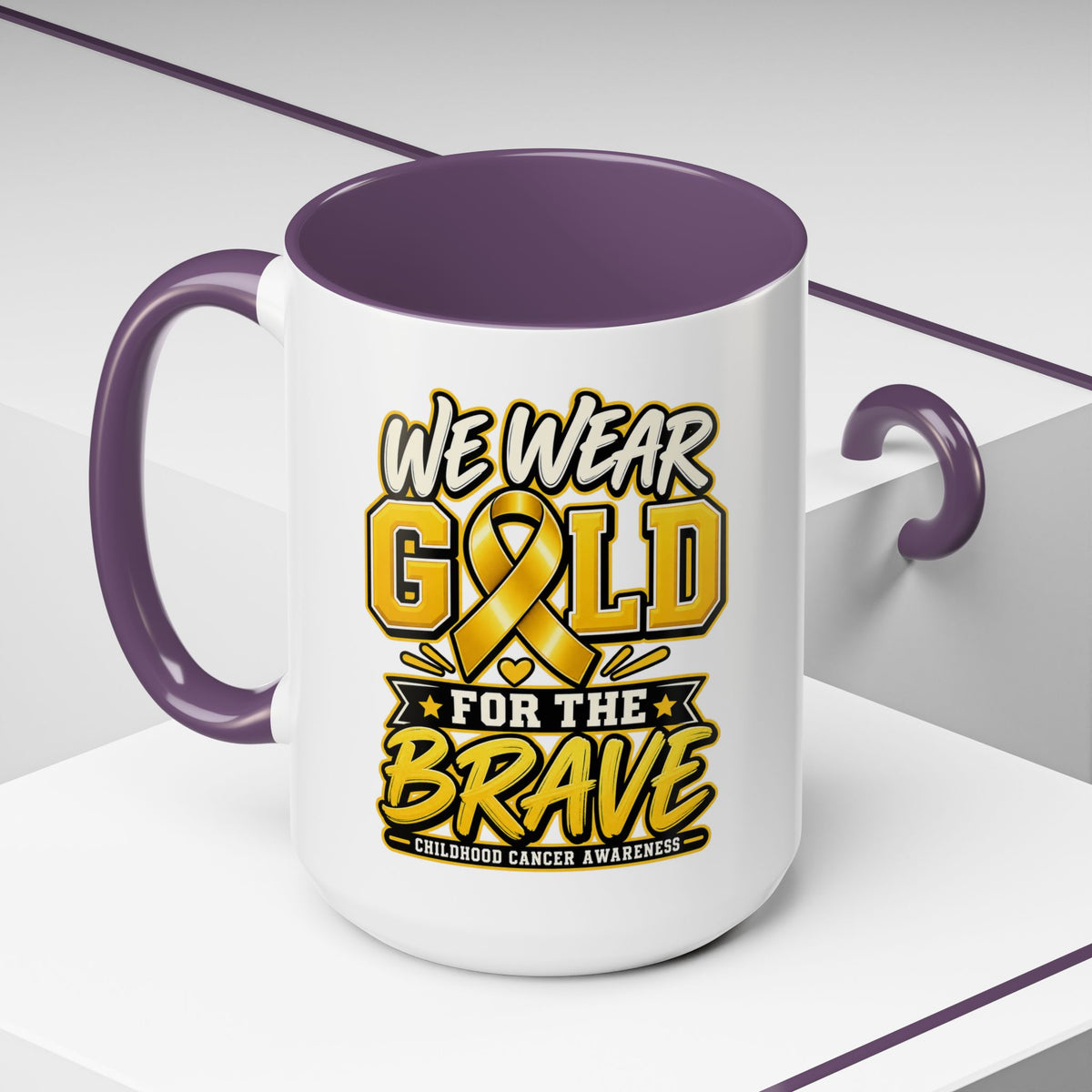 Childhood Cancer Awareness Accent Coffee Mug – "We Wear Gold for the Brave" (11/15 oz)
