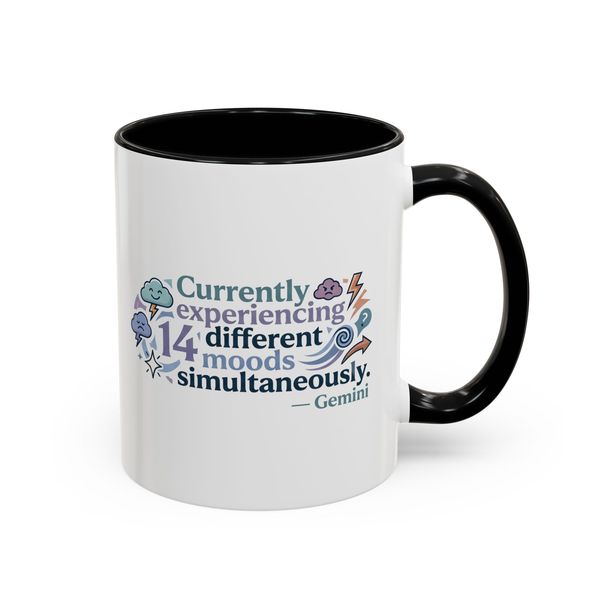 Gemini Mood Coffee Mug — "Currently Experiencing 14 Different Moods" Accent Ceramic Mug