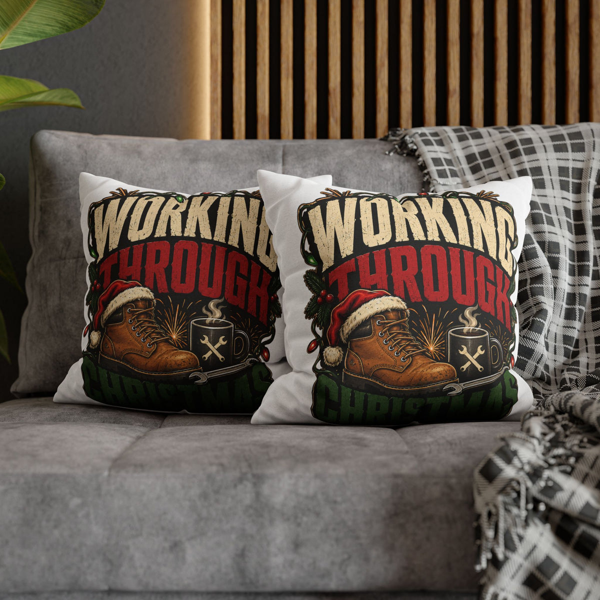 Christmas Work Boots Pillowcase Modern Day Christmas  – "Working Through Christmas" Holiday Throw Pillow Cover