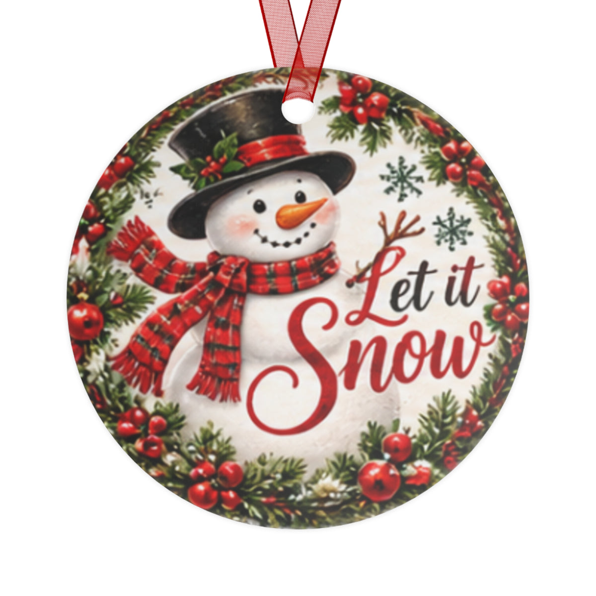Let It Snow Snowman Metal Ornament — Round Christmas Holiday Decoration