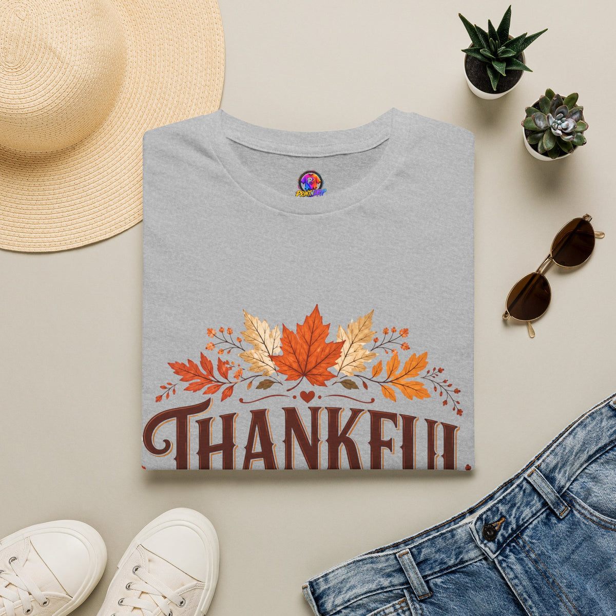 Thanksgiving T-Shirt Thankful Always T-Shirt — Autumn Leaves & Pumpkins Thanksgiving Tee