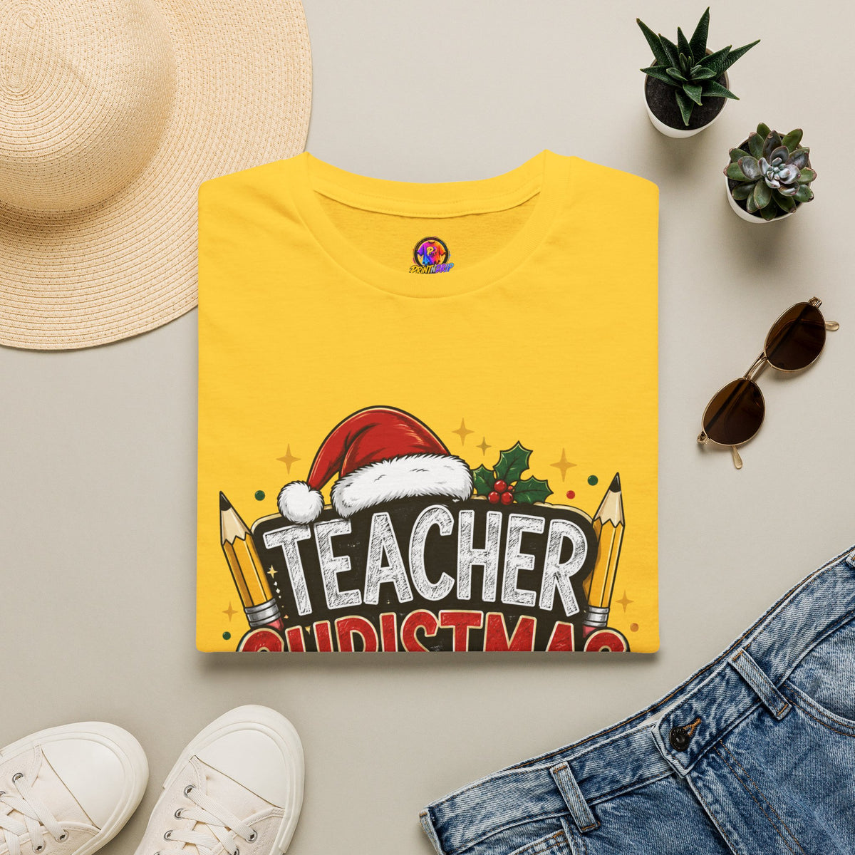 Teacher Christmas Crew T-Shirt — Holiday School Staff Tee with Santa Hat & Pencils