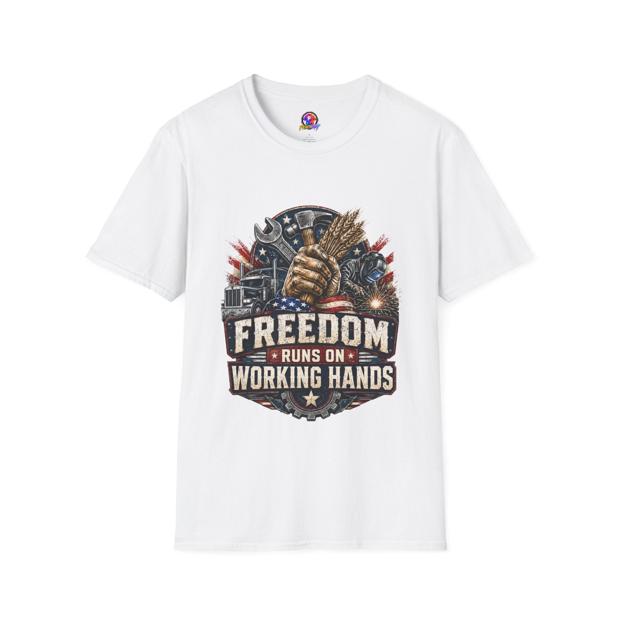Freedom Runs on Working Hands T-Shirt — Patriotic Mechanic Tool & Wheat Design