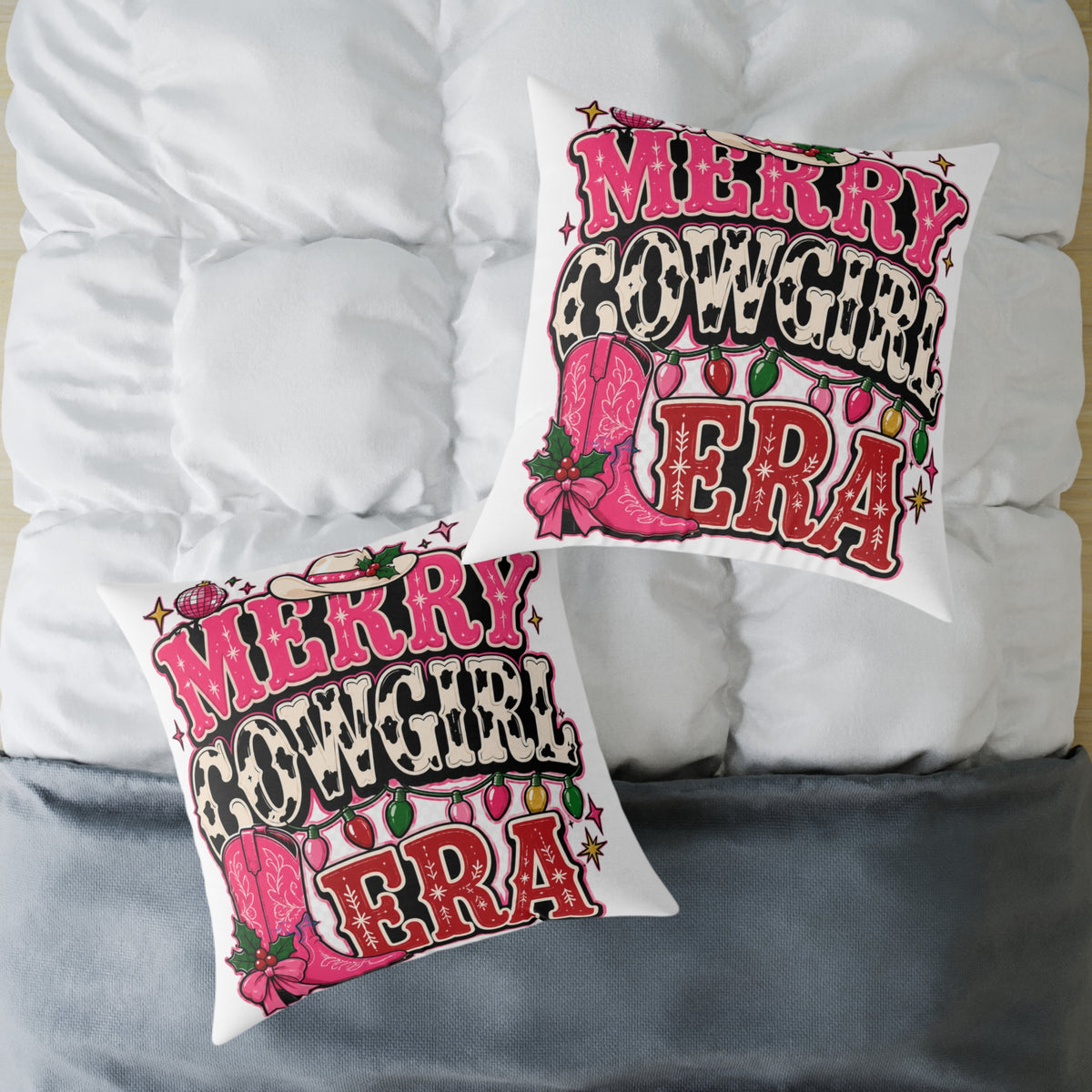 Merry Cowgirl Era Modern Day Christmas Square Poly Canvas Pillow