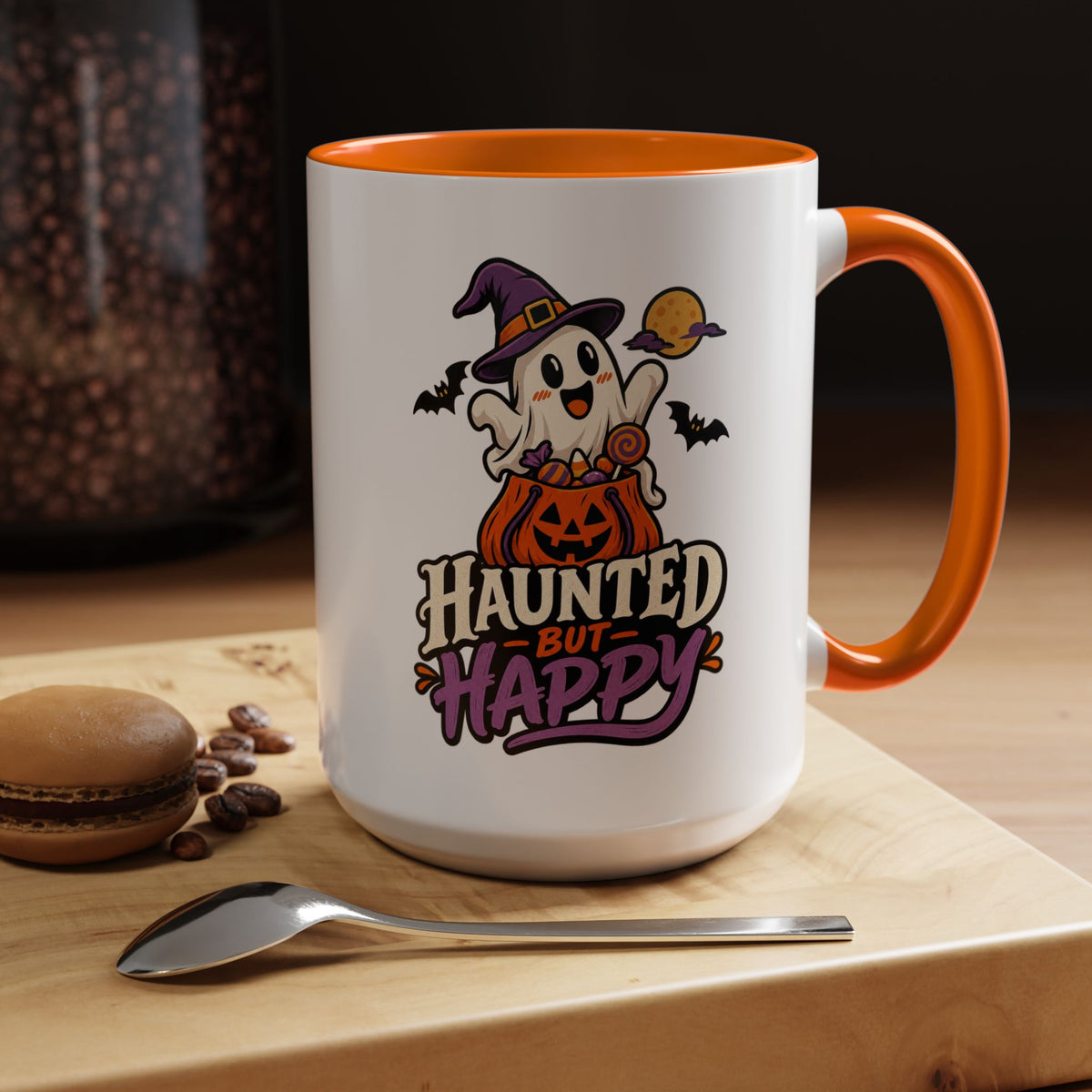 Haunted But Happy Coffee Mug — Halloween Ghost Pumpkin Accent Mug (11/15oz)
