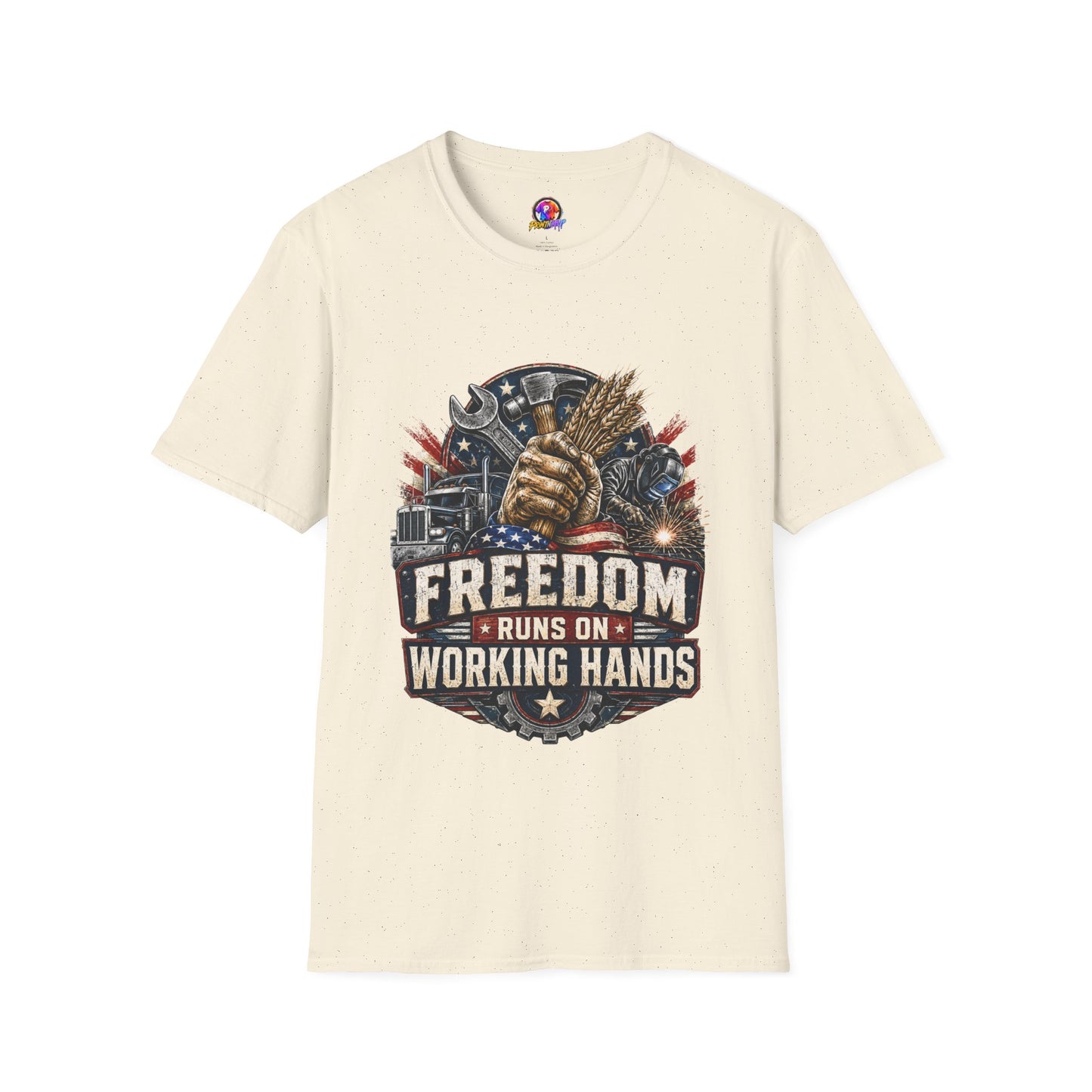 Freedom Runs on Working Hands T-Shirt — Patriotic Mechanic Tool & Wheat Design