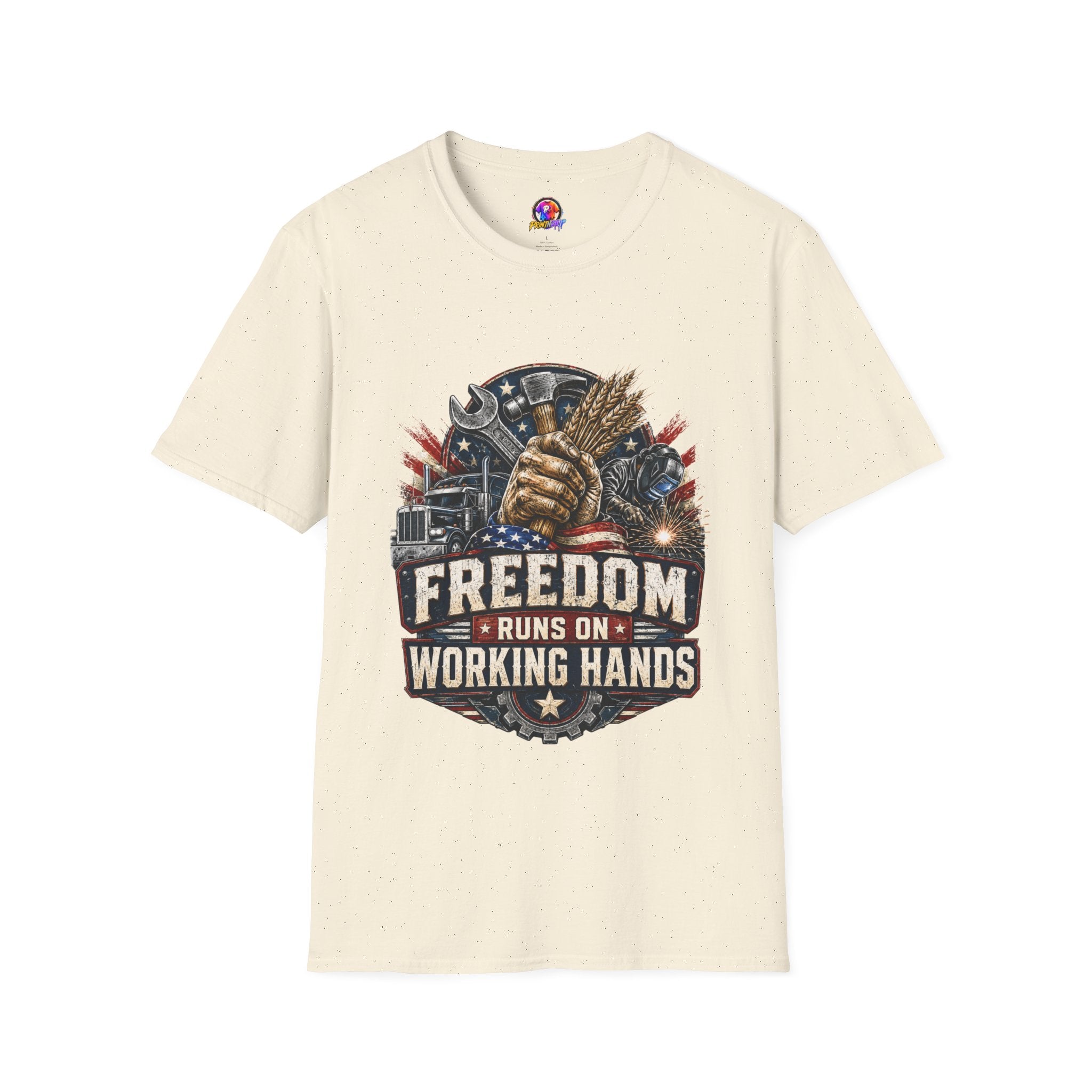 Freedom Runs on Working Hands T-Shirt — Patriotic Mechanic Tool & Wheat Design