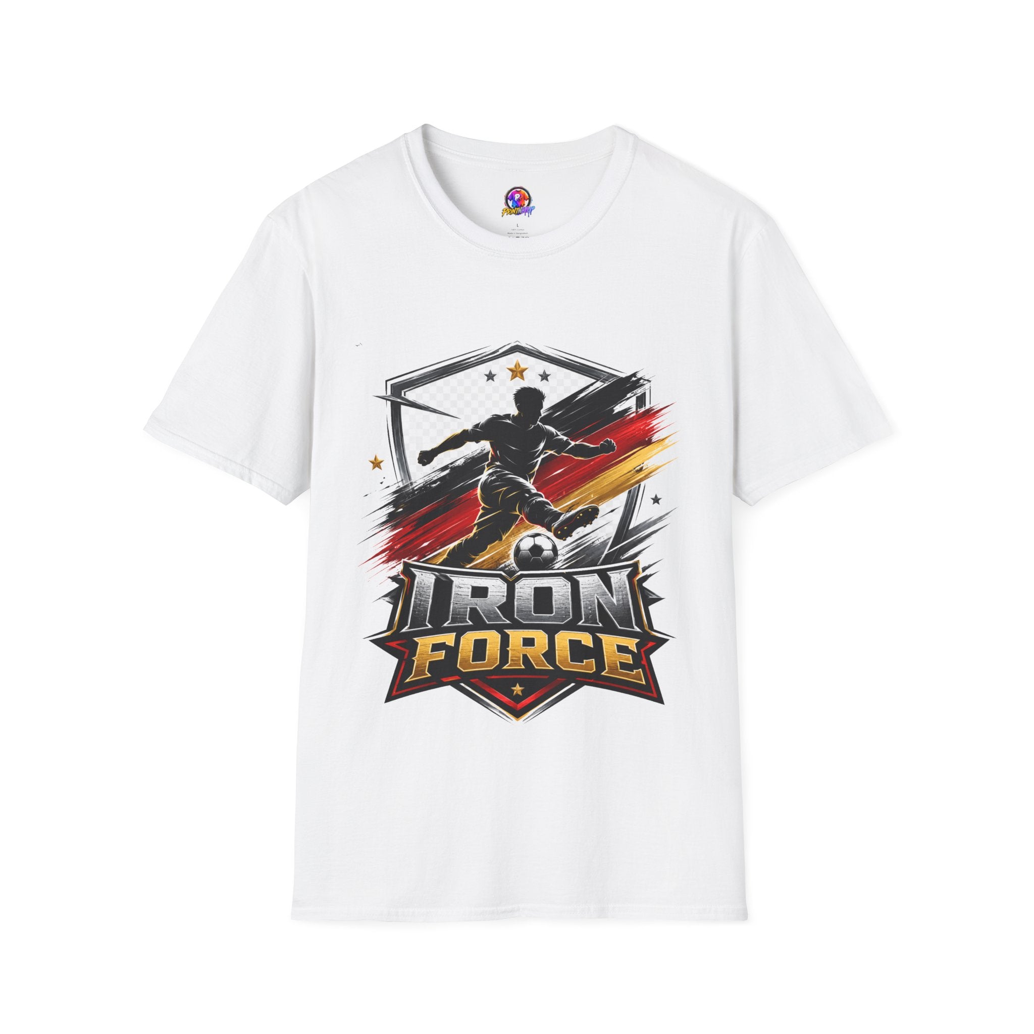Germany Soccer 'Iron Force' Graphic T-Shirt — Player Silhouette with Red & Gold Brushstroke Emblem