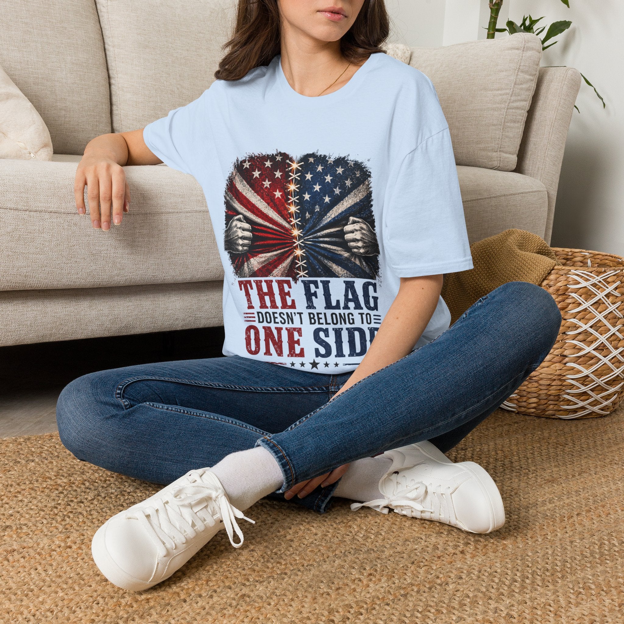 T-Shirt — "The Flag Doesn't Belong to One Side" Distressed American Flag Graphic