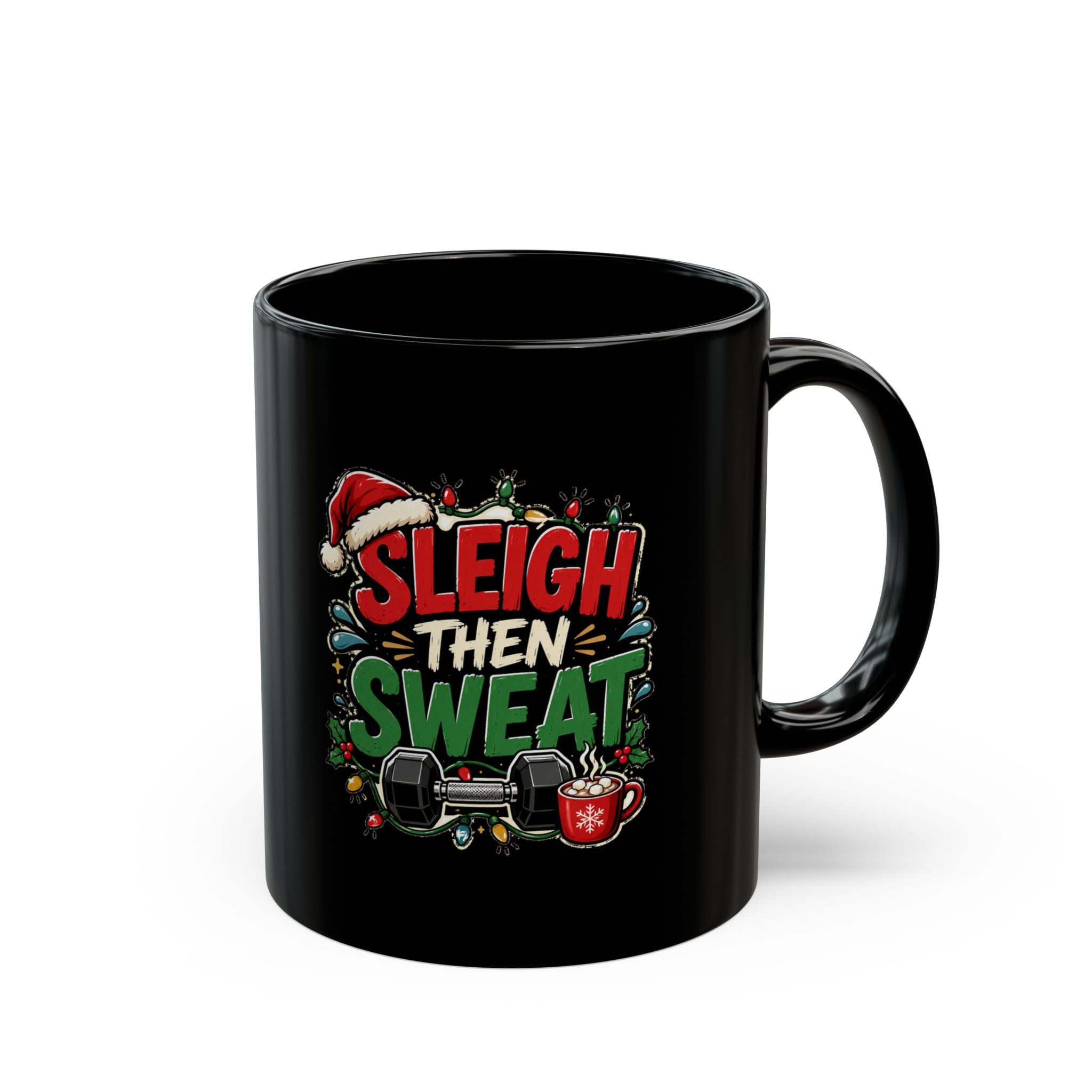 Modern Day Christmas Sleigh Then Sweat Black Mug — Christmas Fitness Coffee Cup