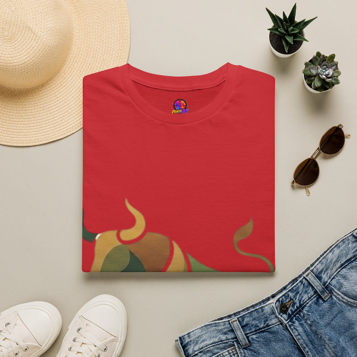Bull Graphic T-Shirt — Earth Tone Geometric Taurus Design