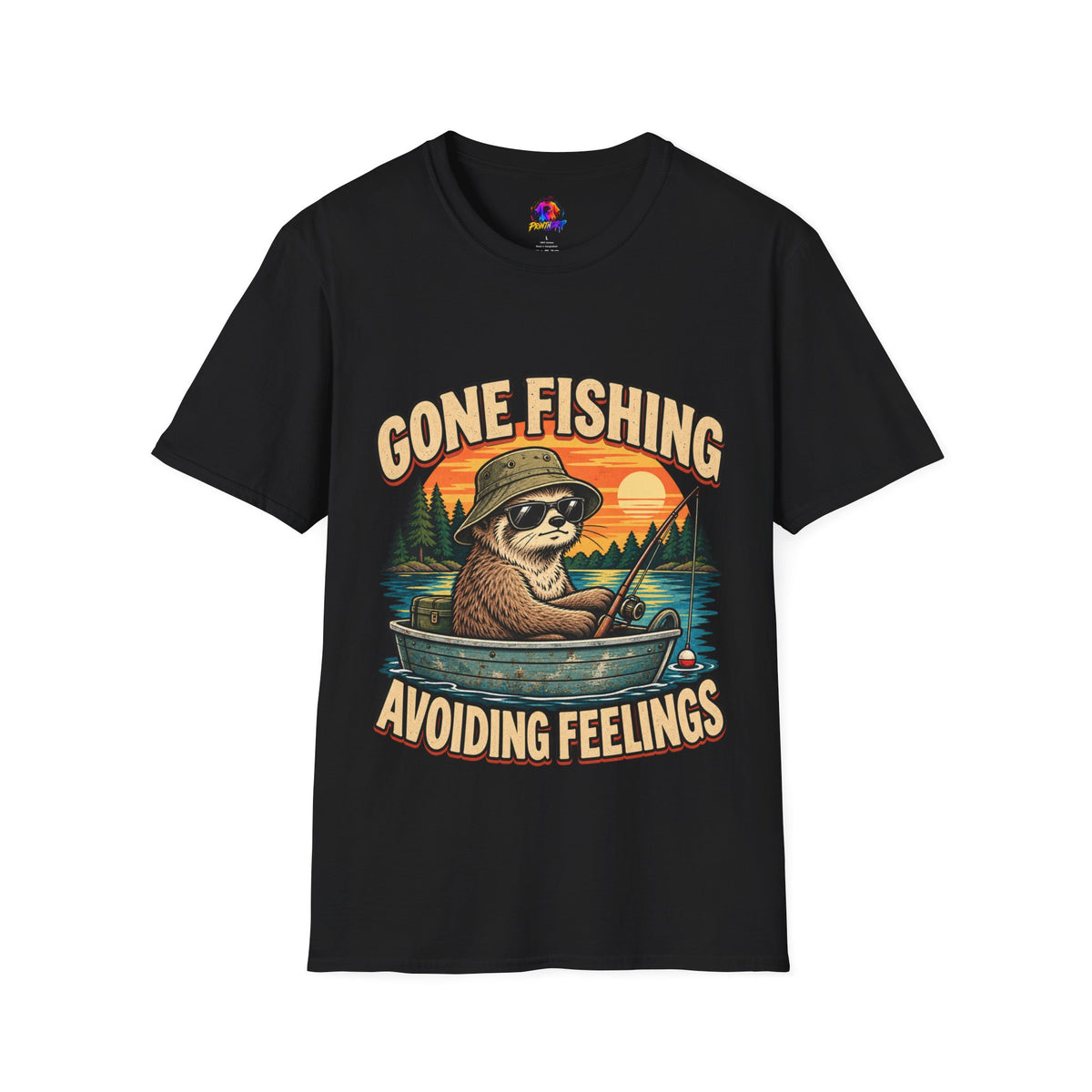 Funny And Witty T-Shirt — “Gone Fishing, Avoiding Feelings” Sloth Fishing Graphic Tee