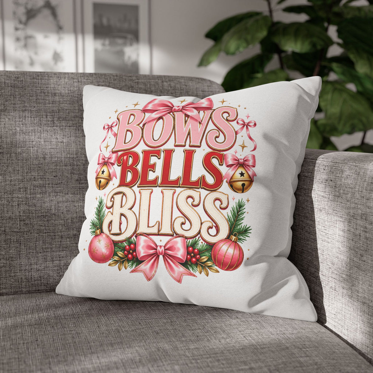 Christmas Bows Bells Bliss Decorative Pillowcase — Pink Christmas Holiday Throw Pillow Cover
