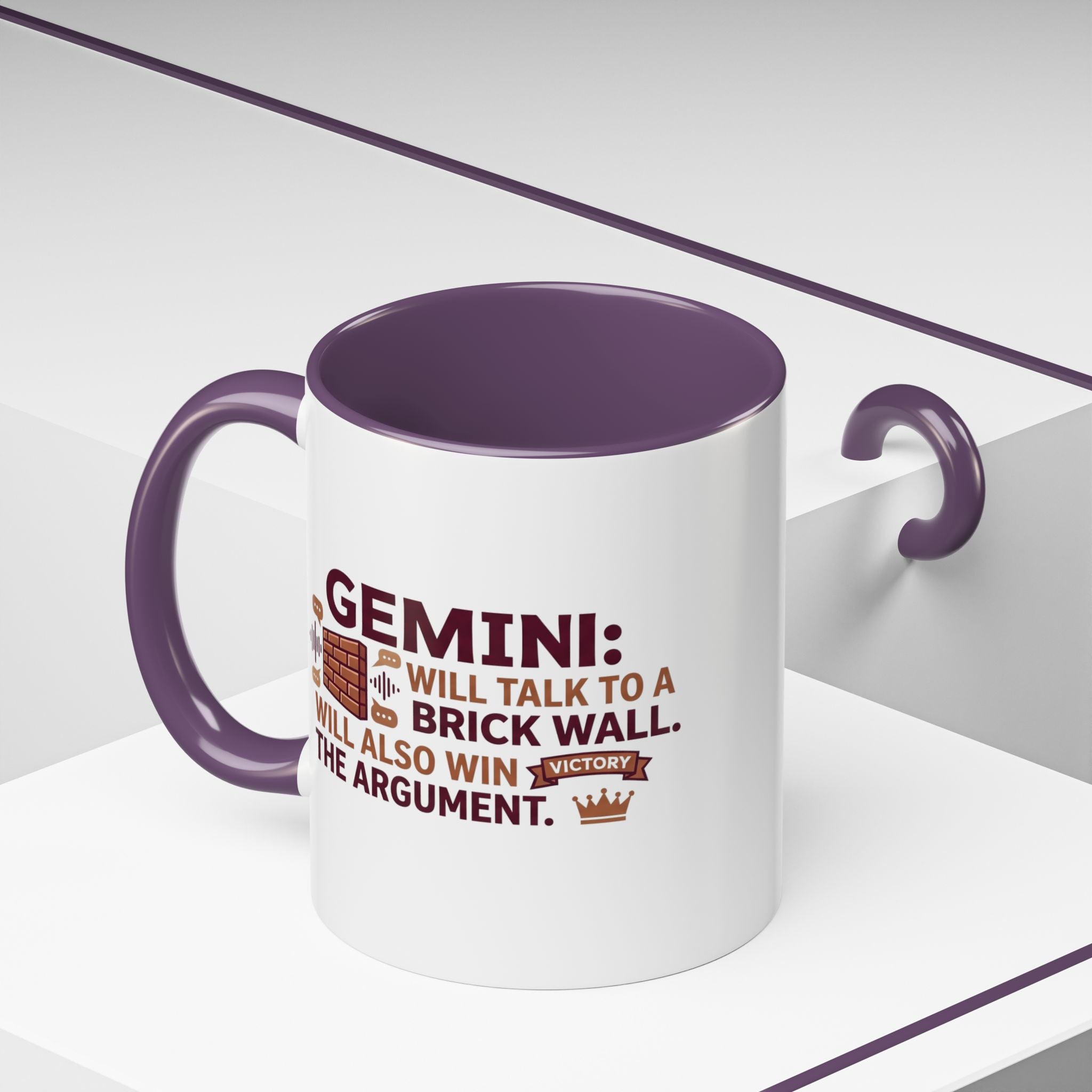 Gemini Coffee Mug — “Gemini: Will Talk to a Brick Wall, Will Also Win the Argument” Accent Mug