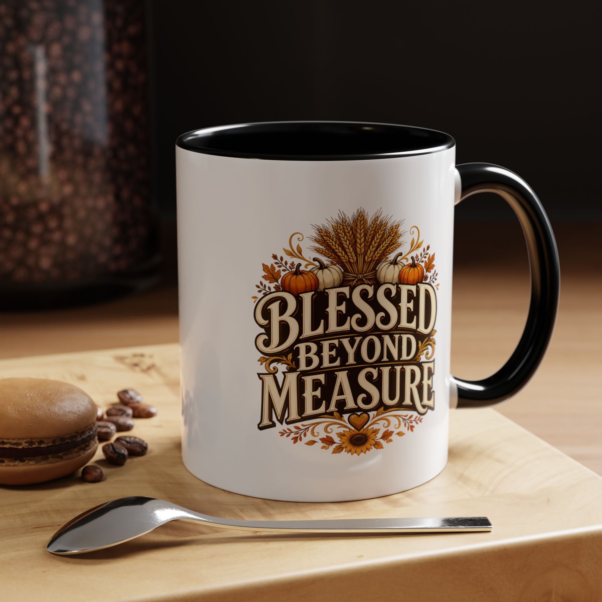 Thanksgiving Mug Blessed Beyond Measure Accent Coffee Mug — Fall Pumpkin & Wheat Autumn Faith Mug