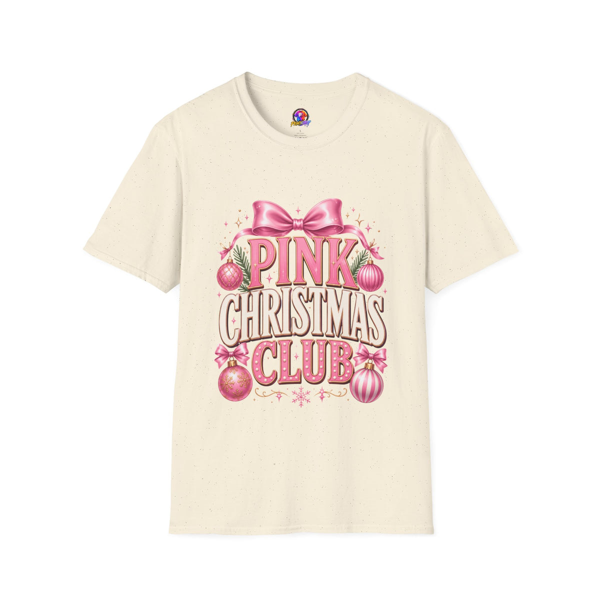 Pink Christmas Club T-Shirt — Womens Festive Holiday Tee with Bow & Ornaments