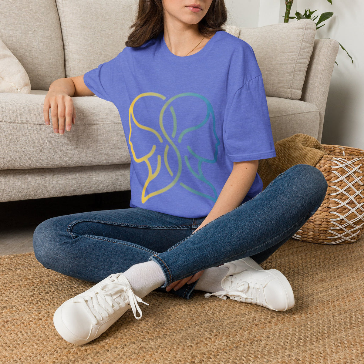 Twin Profile Line Art T‑Shirt — Gradient Sisterhood Outline Tee
