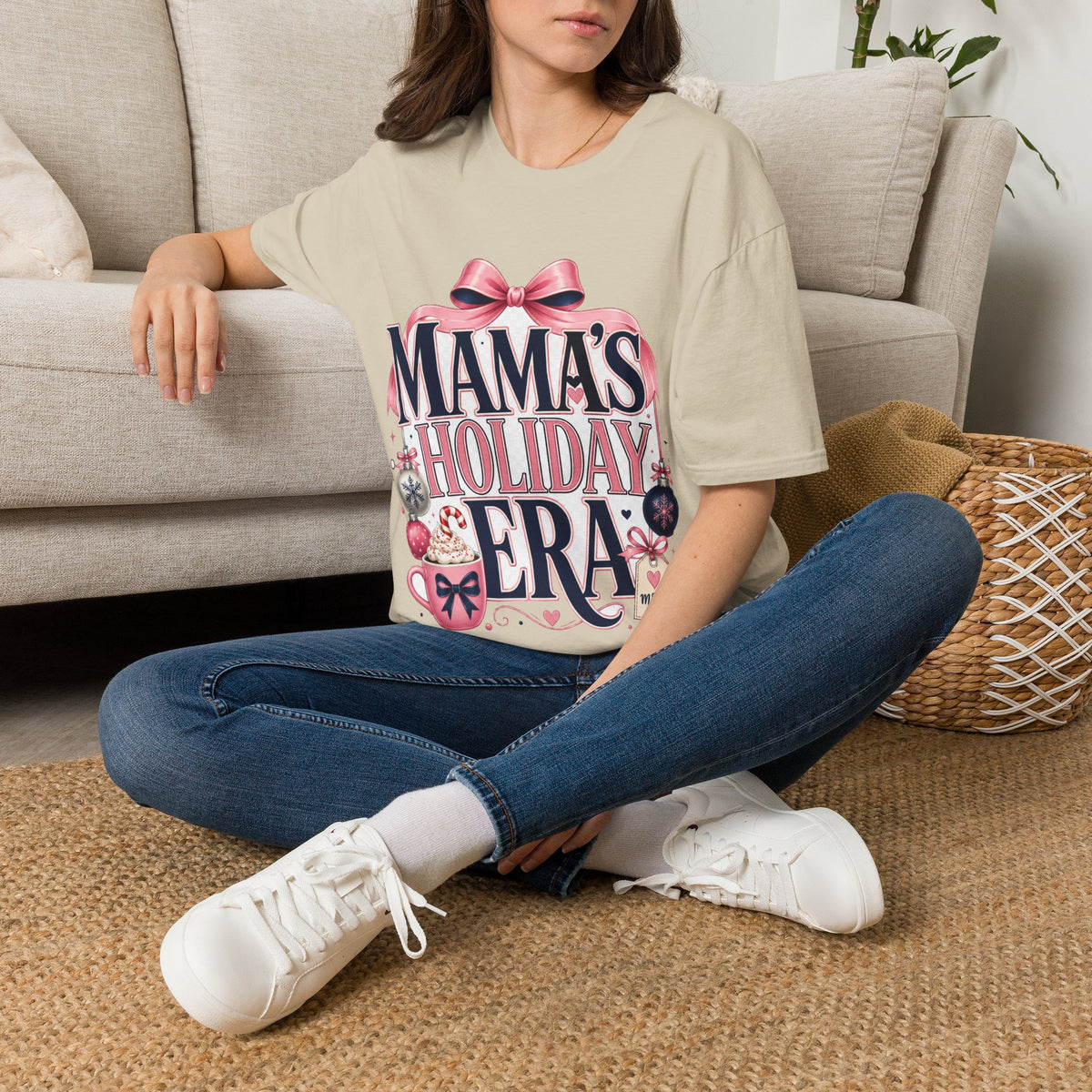 Mama's Holiday Era T-Shirt — Festive Pink Bow Christmas Tee for Moms