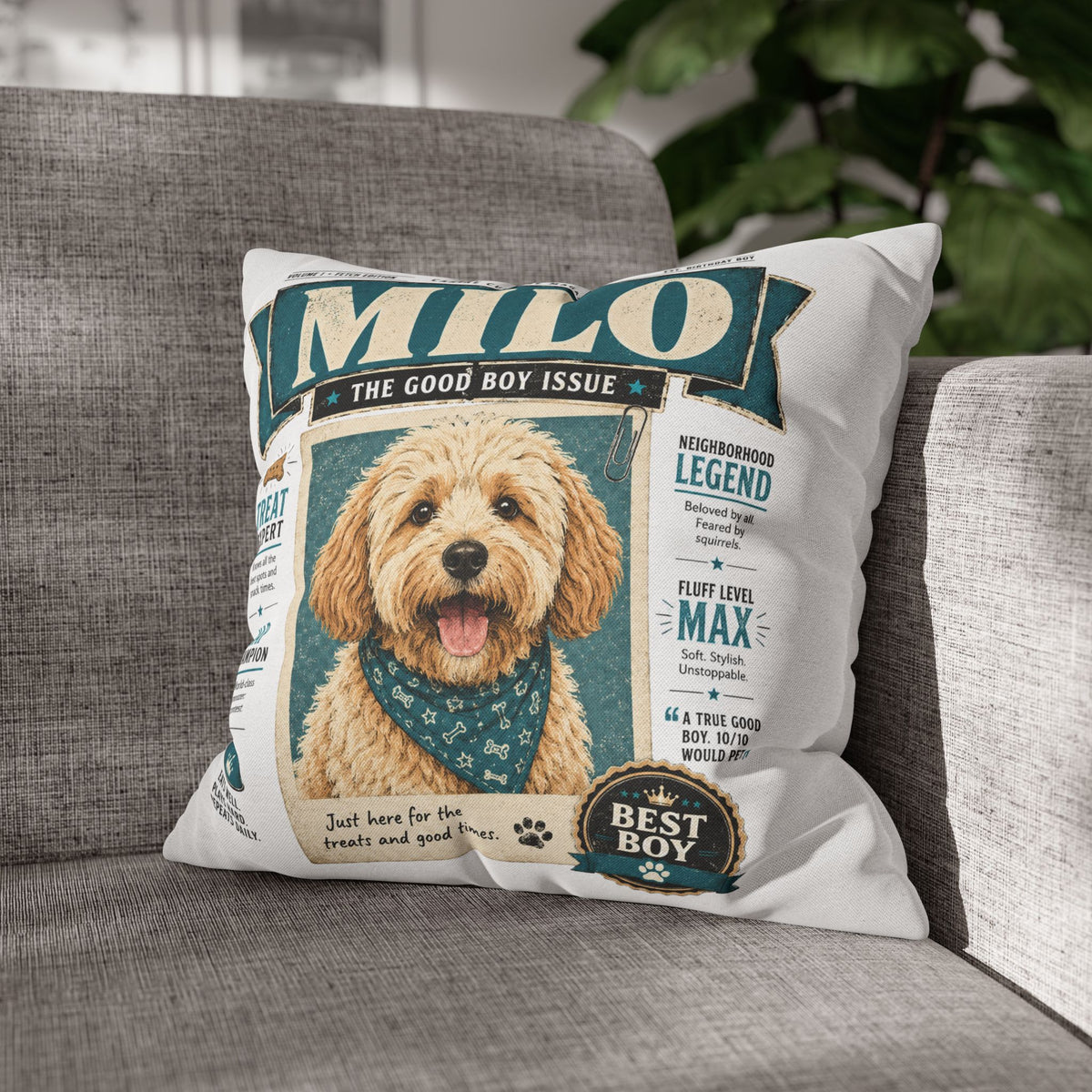 Personalized Dog Pillowcase — "Milo: The Good Boy Issue" Decorative Throw Pillowcase Milo Bailey Dog Dad Mom