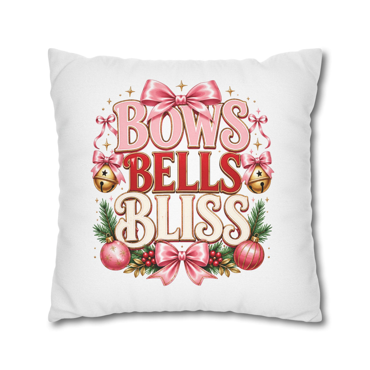 Christmas Bows Bells Bliss Decorative Pillowcase — Pink Christmas Holiday Throw Pillow Cover