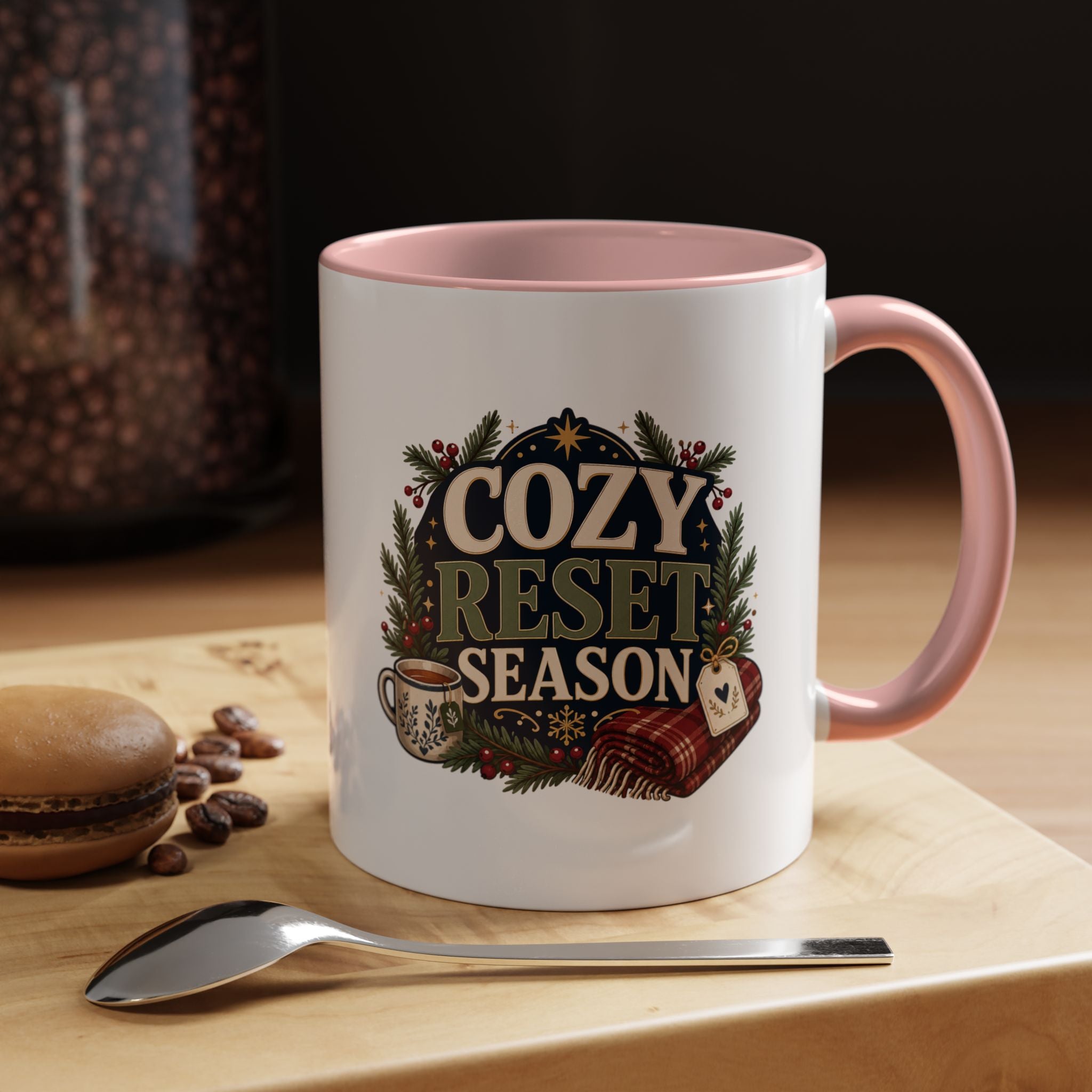 Modern Day Christmas Cozy Reset Season Mug — Holiday Coffee Cup with Blanket & Tea Tag Design