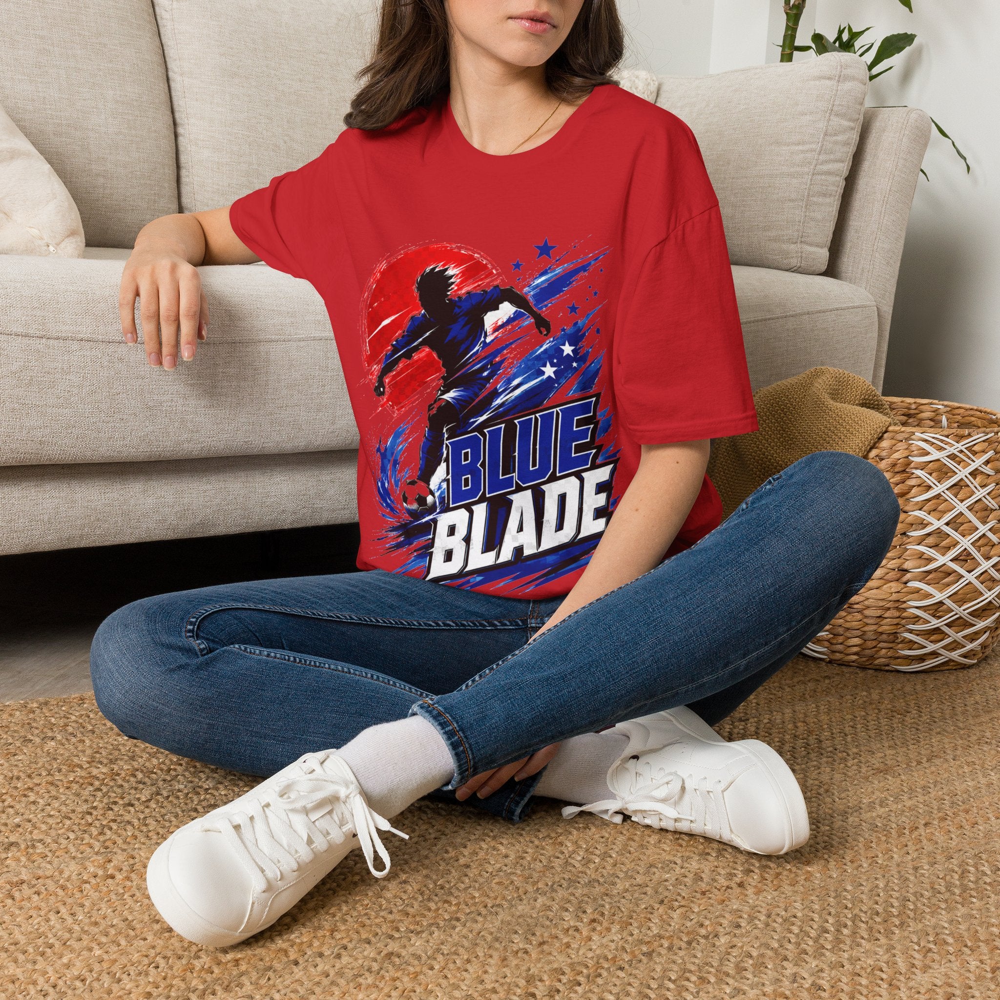 Japan T-Shirt — Blue Blade Soccer Graphic Tee (Red & Blue Starburst)