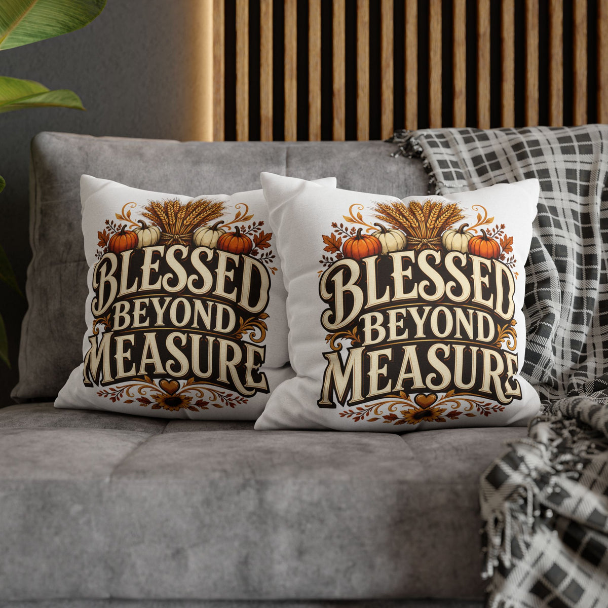 Thanksgiving Blessed Beyond Measure Fall Pillowcase — Autumn Pumpkin & Wheat Decorative Pillow