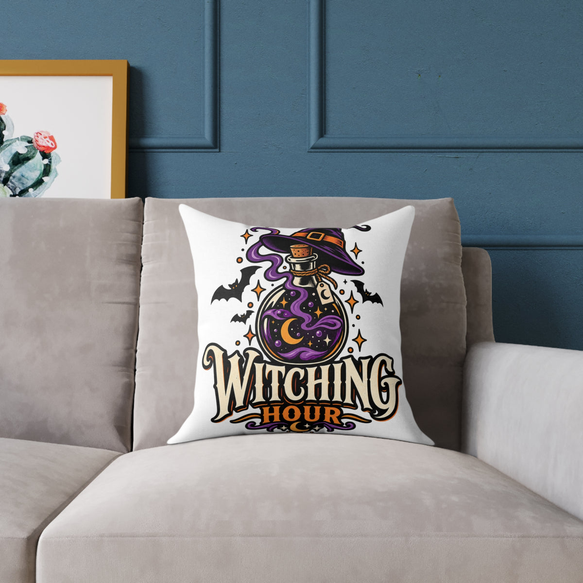 Witching Hour Halloween Decorative Pillow — Witch Hat & Potion Bottle Design
