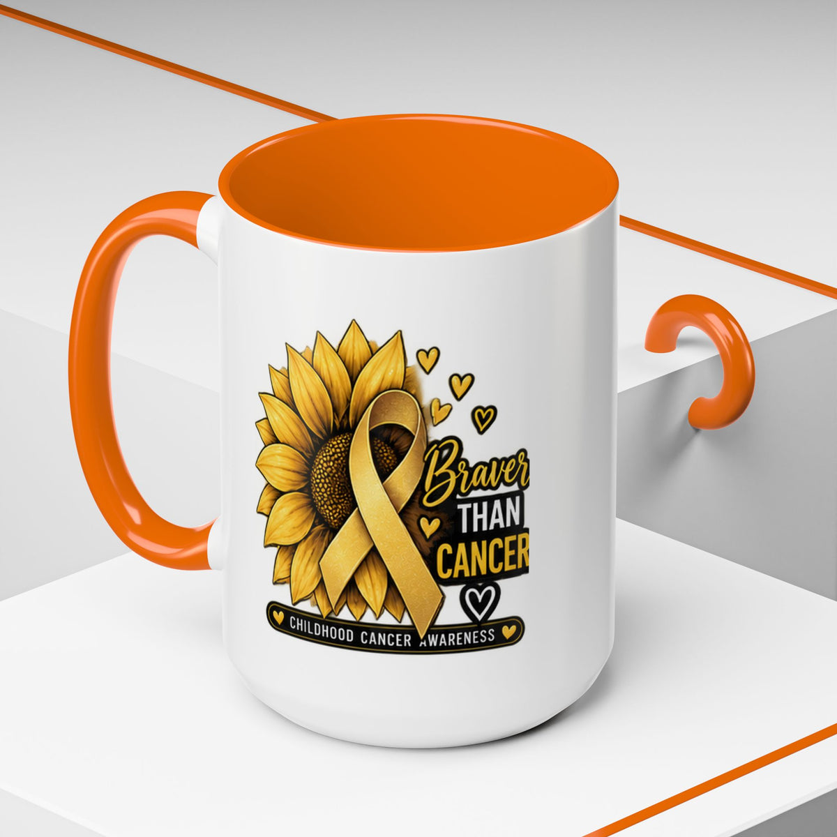 Childhood Cancer Awareness Mug — "Braver Than Cancer" Sunflower & Gold Ribbon
