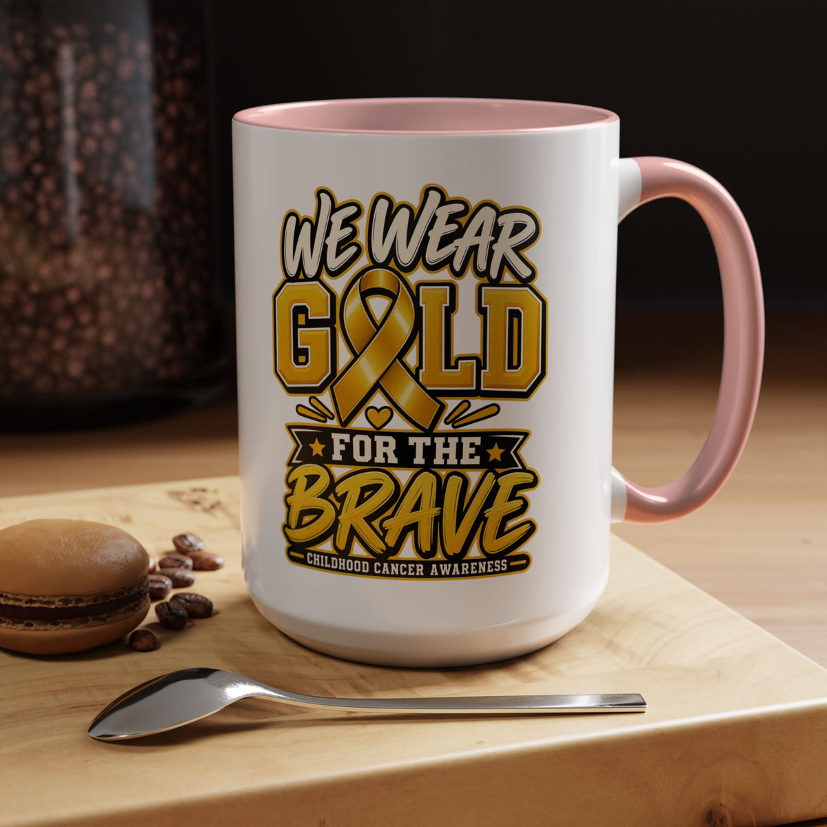 Childhood Cancer Awareness Accent Coffee Mug – "We Wear Gold for the Brave" (11/15 oz)