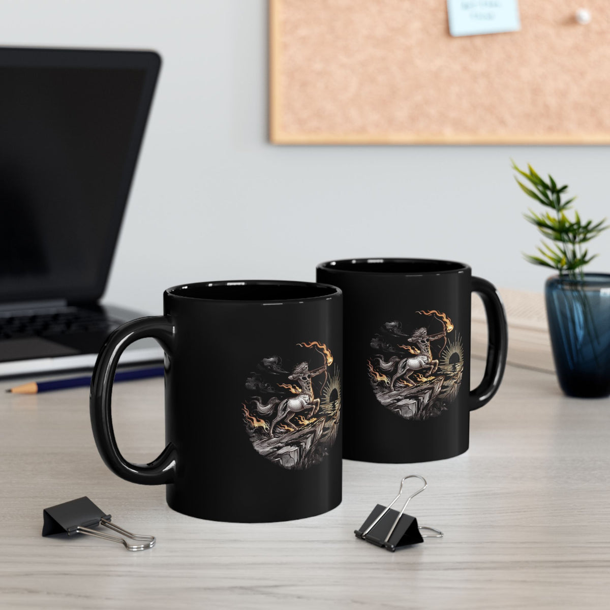 Sagittarius Zodiac Mythic Archer Black Mug — Archer, Sunset & Horse Illustration