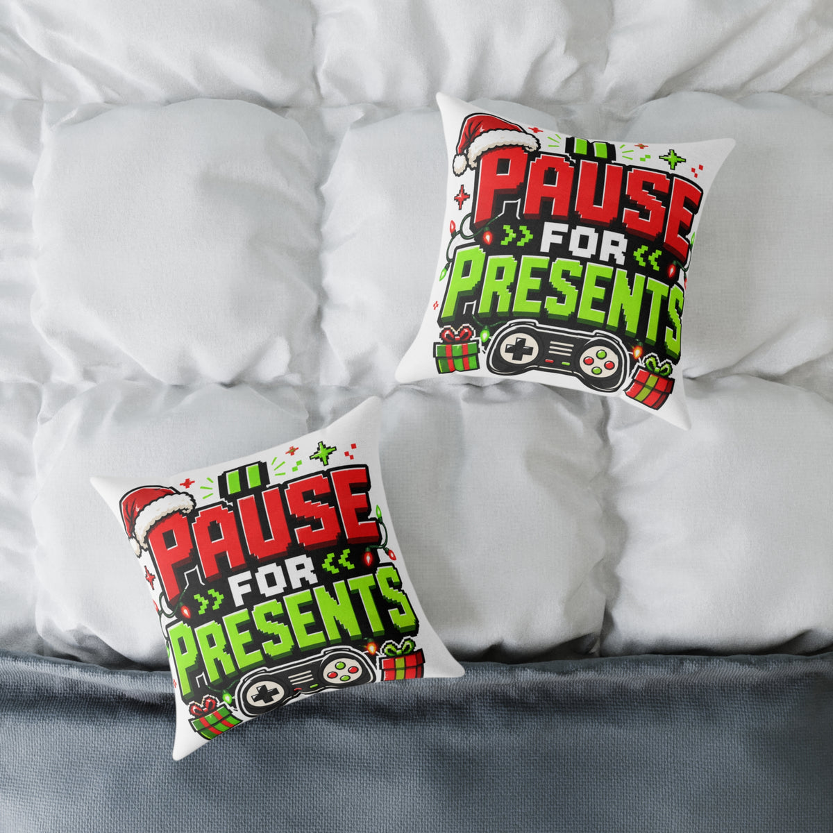 Modern Day Christmas Holiday Gamer Pillow — "Pause for Presents" Christmas Gaming Throw Pillow