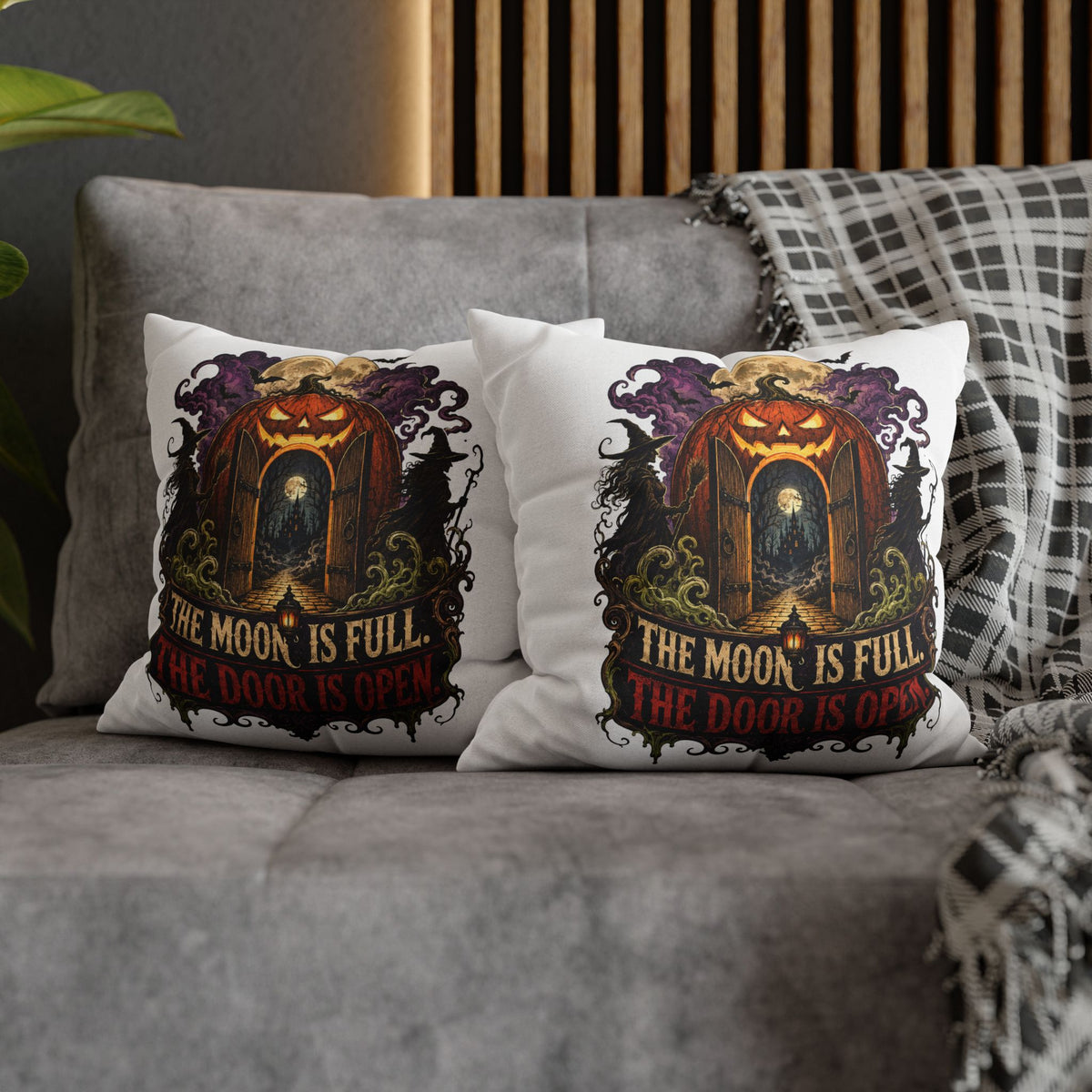 Halloween Pumpkin Door Pillowcase - "The Moon Is Full, The Door Is Open" Spun Polyester Throw Pillow