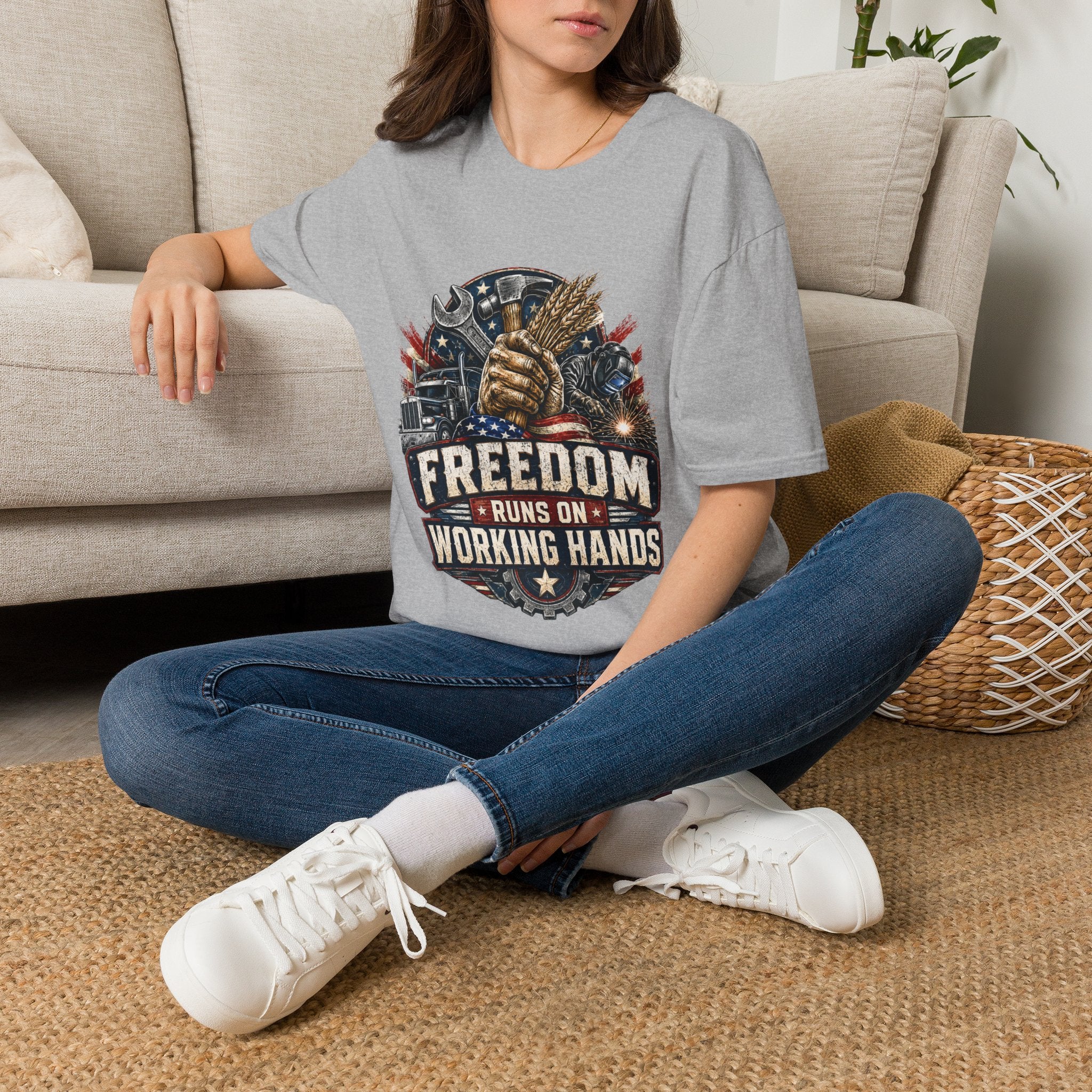 Freedom Runs on Working Hands T-Shirt — Patriotic Mechanic Tool & Wheat Design