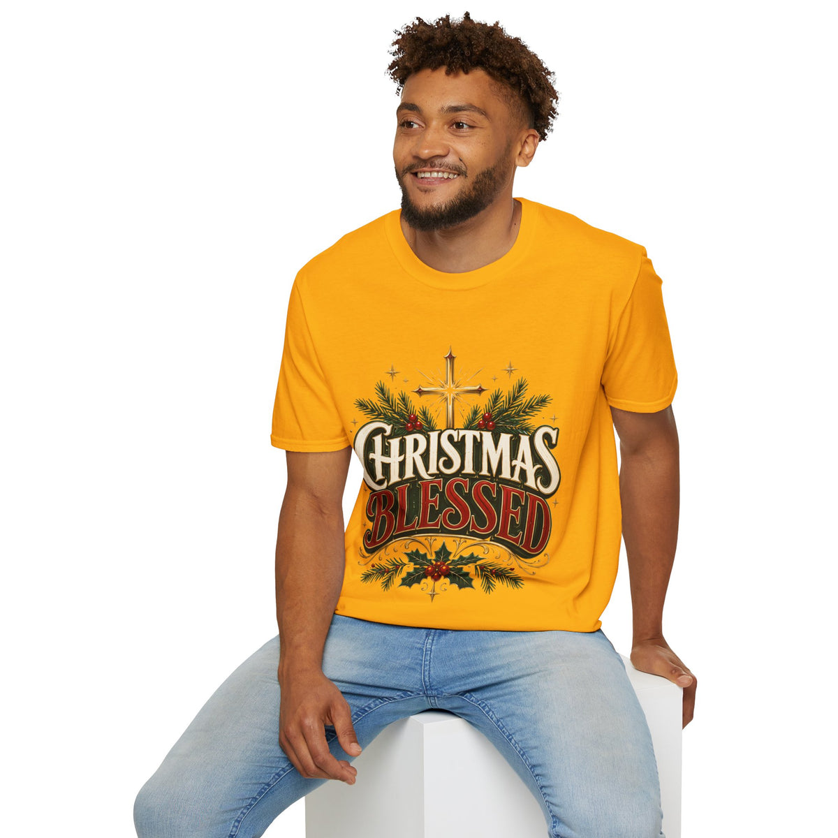 Christmas Blessed T-Shirt — Faith-Based Holiday Tee with Cross & Pine Design