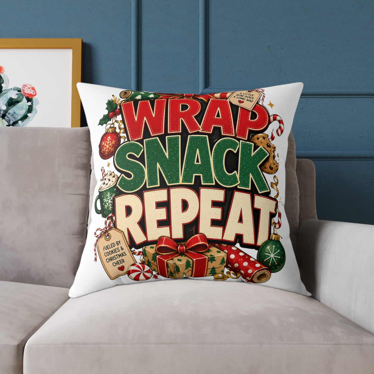 Christmas Holiday Pillow - "Wrap Snack Repeat" Christmas Decorative Throw Pillow