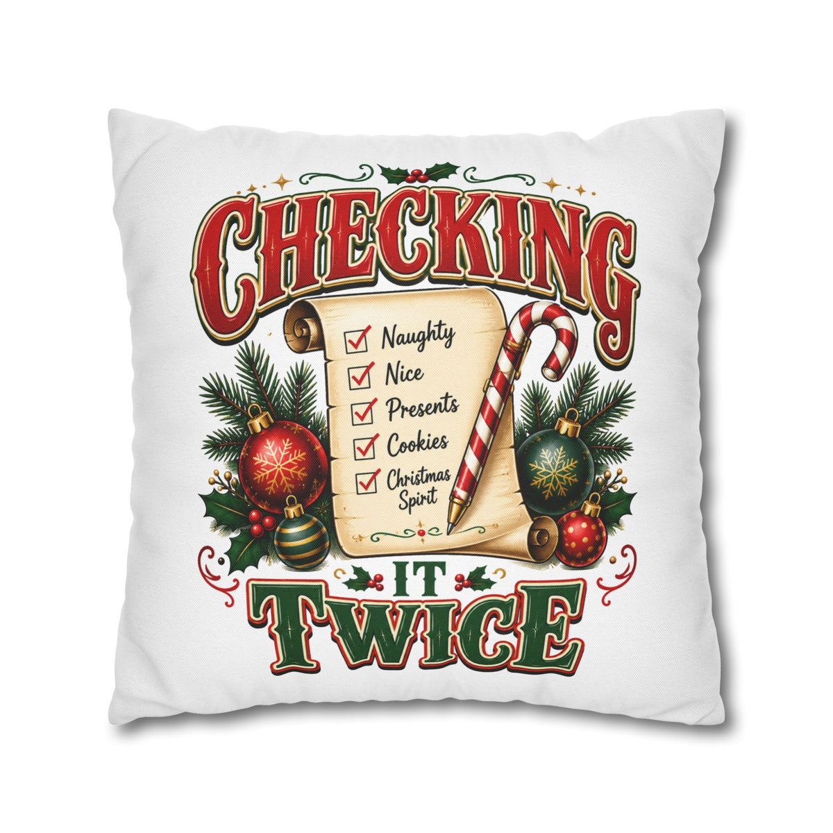 Checking It Twice Christmas Pillowcase — Festive Holiday Checklist Throw Pillow Cover