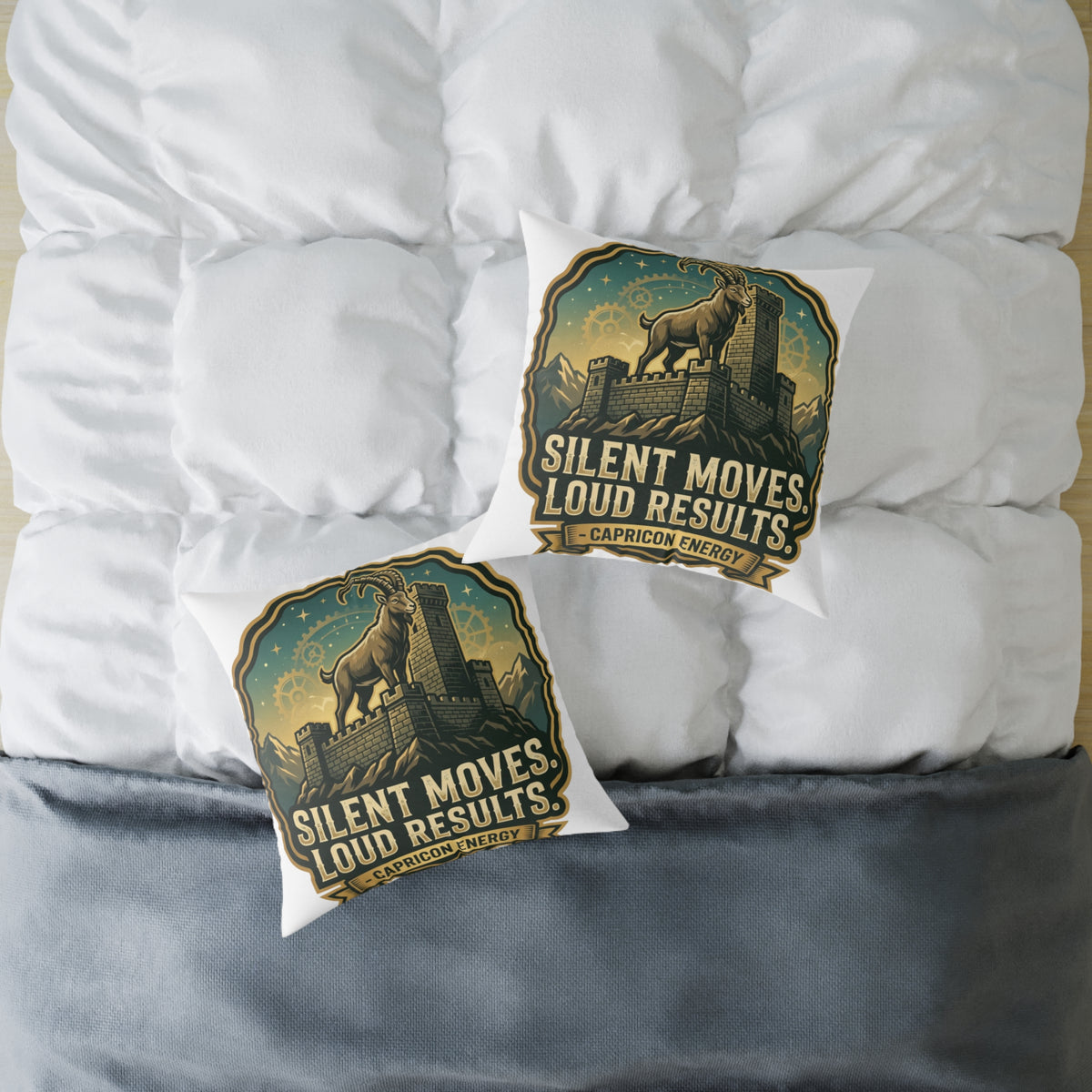 Capricorn Pillow — "Silent Moves, Loud Results" Square Throw Pillow