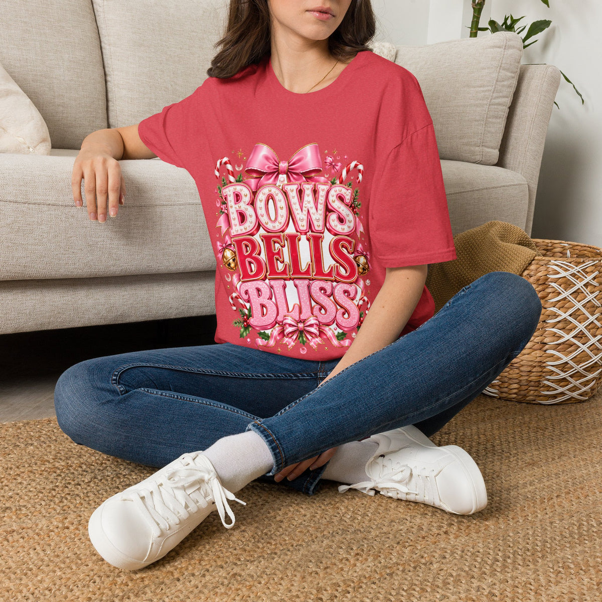 Bows Bells Bliss Christmas T‑Shirt — Pink Holiday Bow Graphic