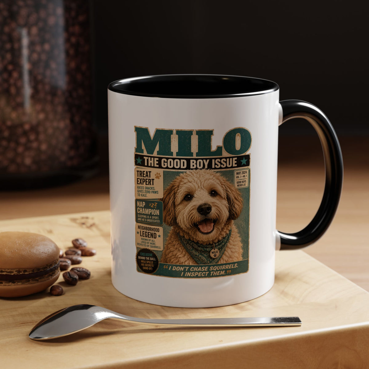 Milo Bailey Dog Dad Mom Milo 'The Good Boy Issue' Accent Coffee Mug – Cute Dog Magazine Cover Design