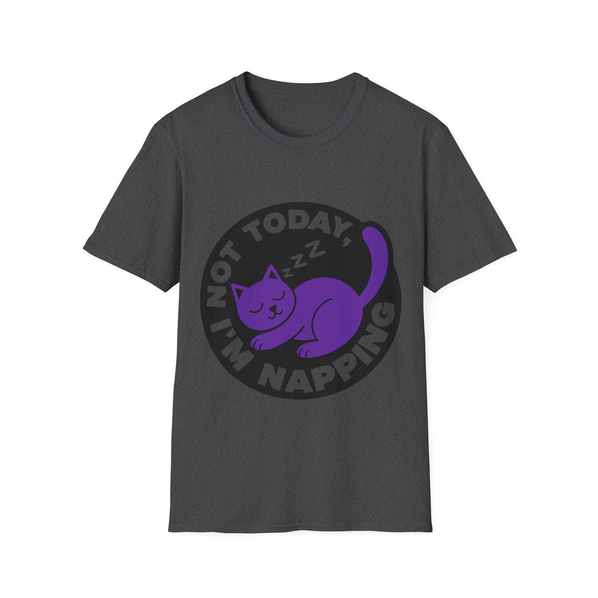 Not Today I'm Napping Purple Cat Tee - Funny Sleeping Kitten Badge Graphic T-Shirt - Trending Now - September 2026