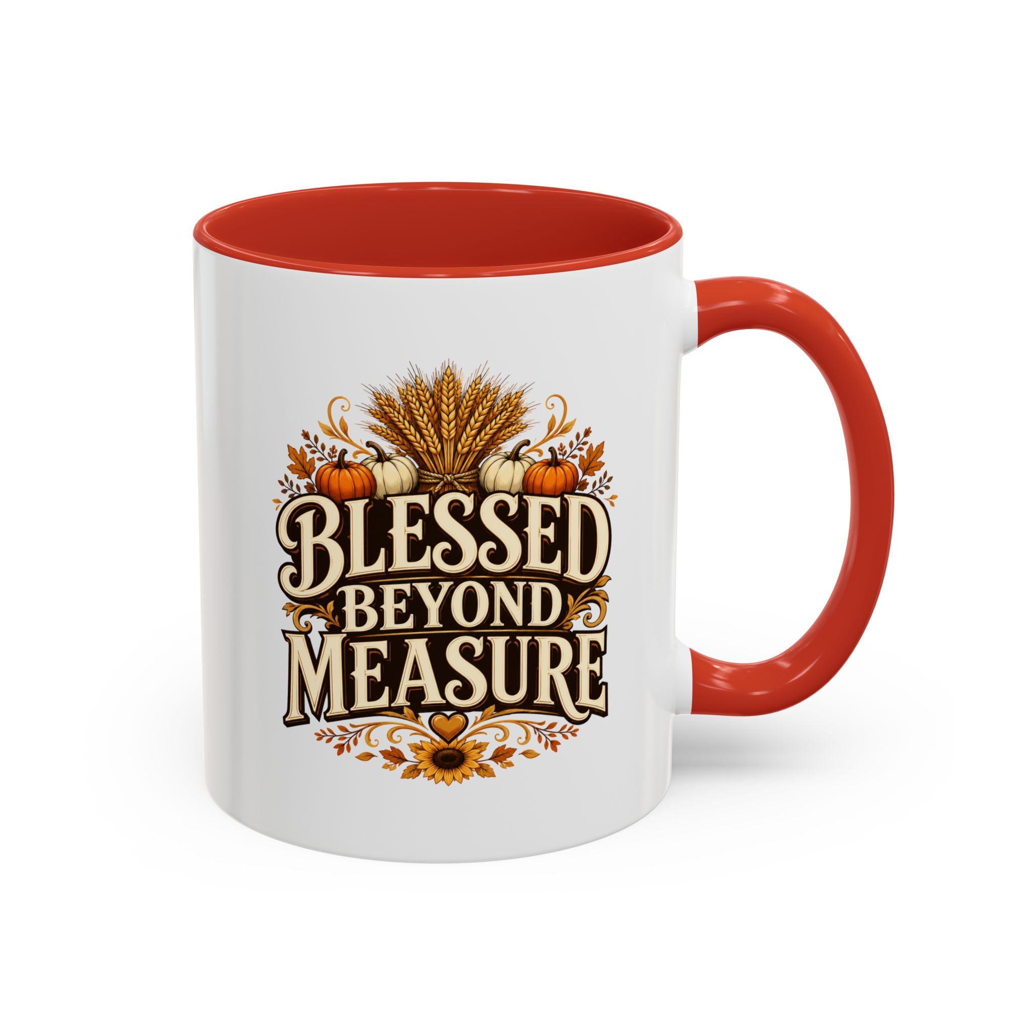 Thanksgiving Mug Blessed Beyond Measure Accent Coffee Mug — Fall Pumpkin & Wheat Autumn Faith Mug