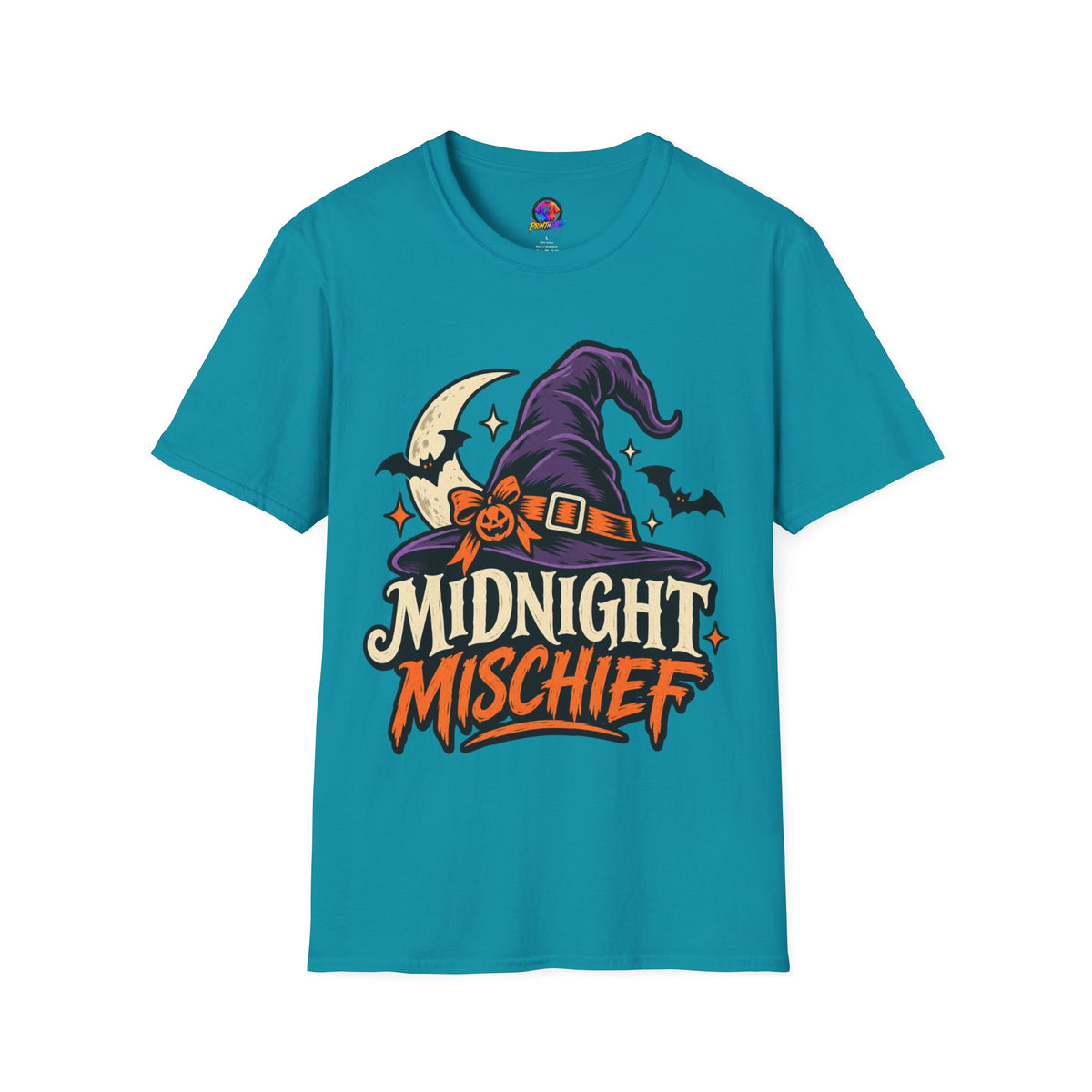 Midnight Mischief Halloween T-Shirt — Witch Hat & Bats Graphic