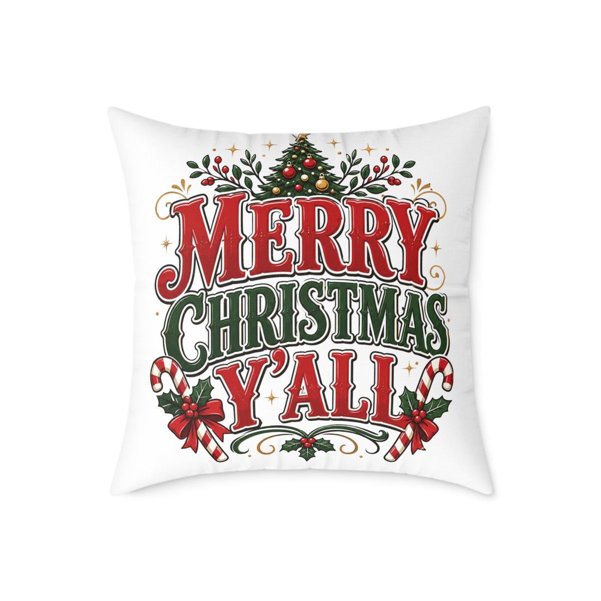 Merry Christmas Y'all Pillow — Festive Holiday Square Throw Pillow