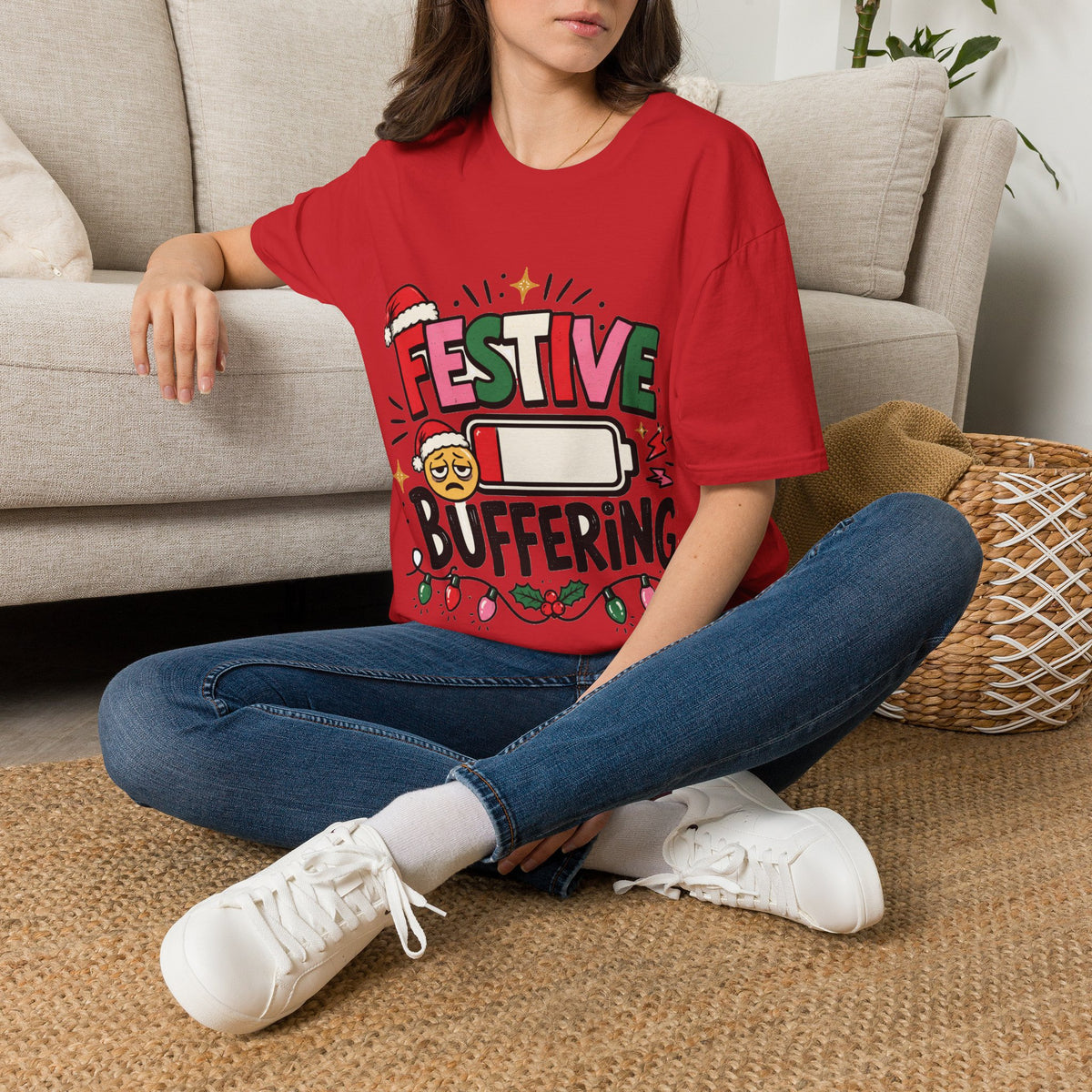 Festive Buffering T-Shirt — Funny Holiday Christmas Tee with Loading Battery Design