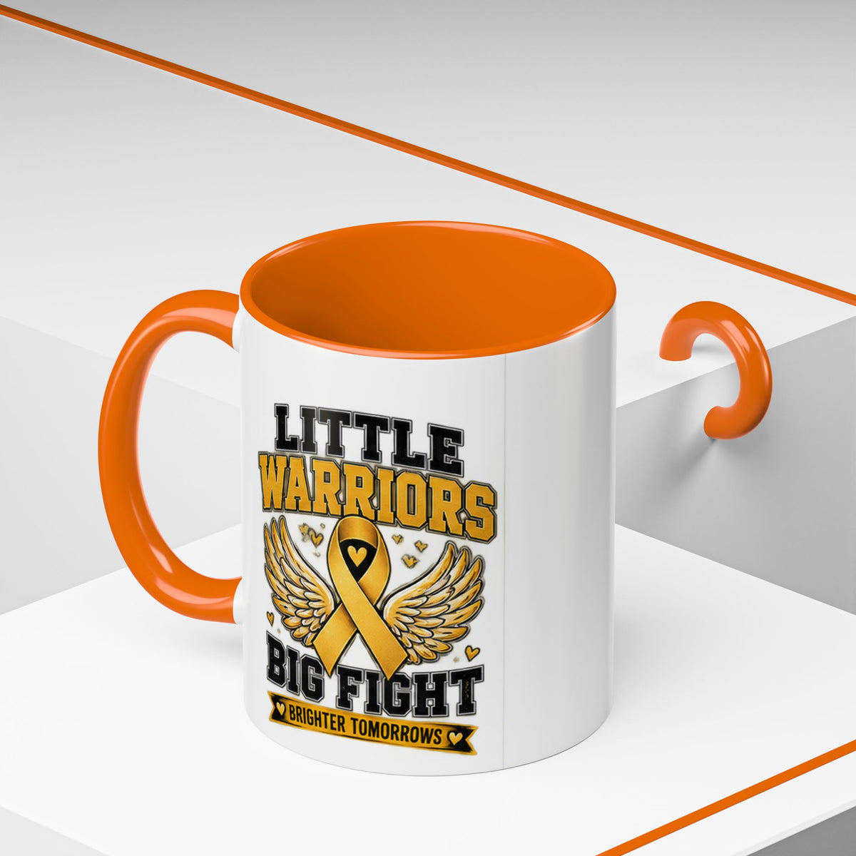 Little Warriors Big Fight Childhood Cancer Awareness Coffee Mug — Gold Ribbon Support Accent Mug