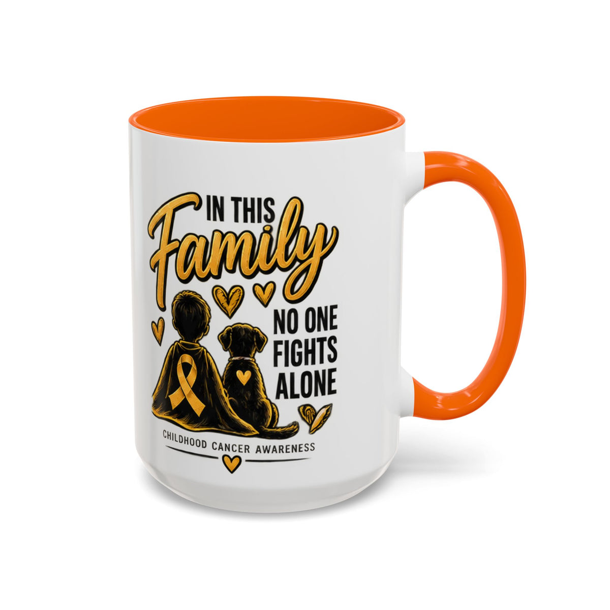 Childhood Cancer Awareness Accent Coffee Mug – "In This Family No One Fights Alone" (11/15oz)