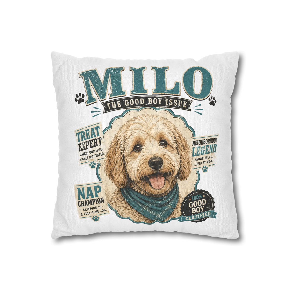 Milo 'The Good Boy Issue' Decorative Dog Pillowcase — Personalized Pet Name Cushion Cover Milo Bailey Dog Dad Mom